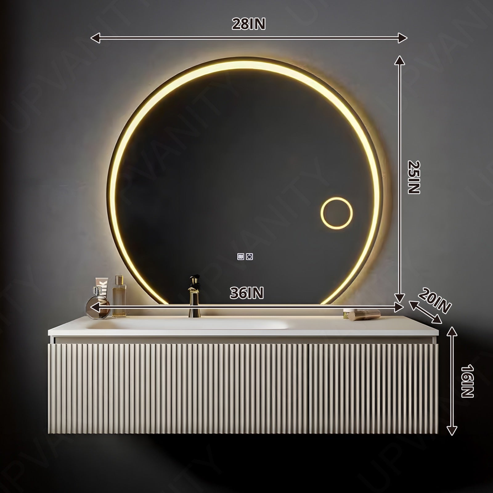 Modern Bath Vanity Set, Beige, Striped Panel, 36"- 44", Single, Floating, Round Smart LED Mirror