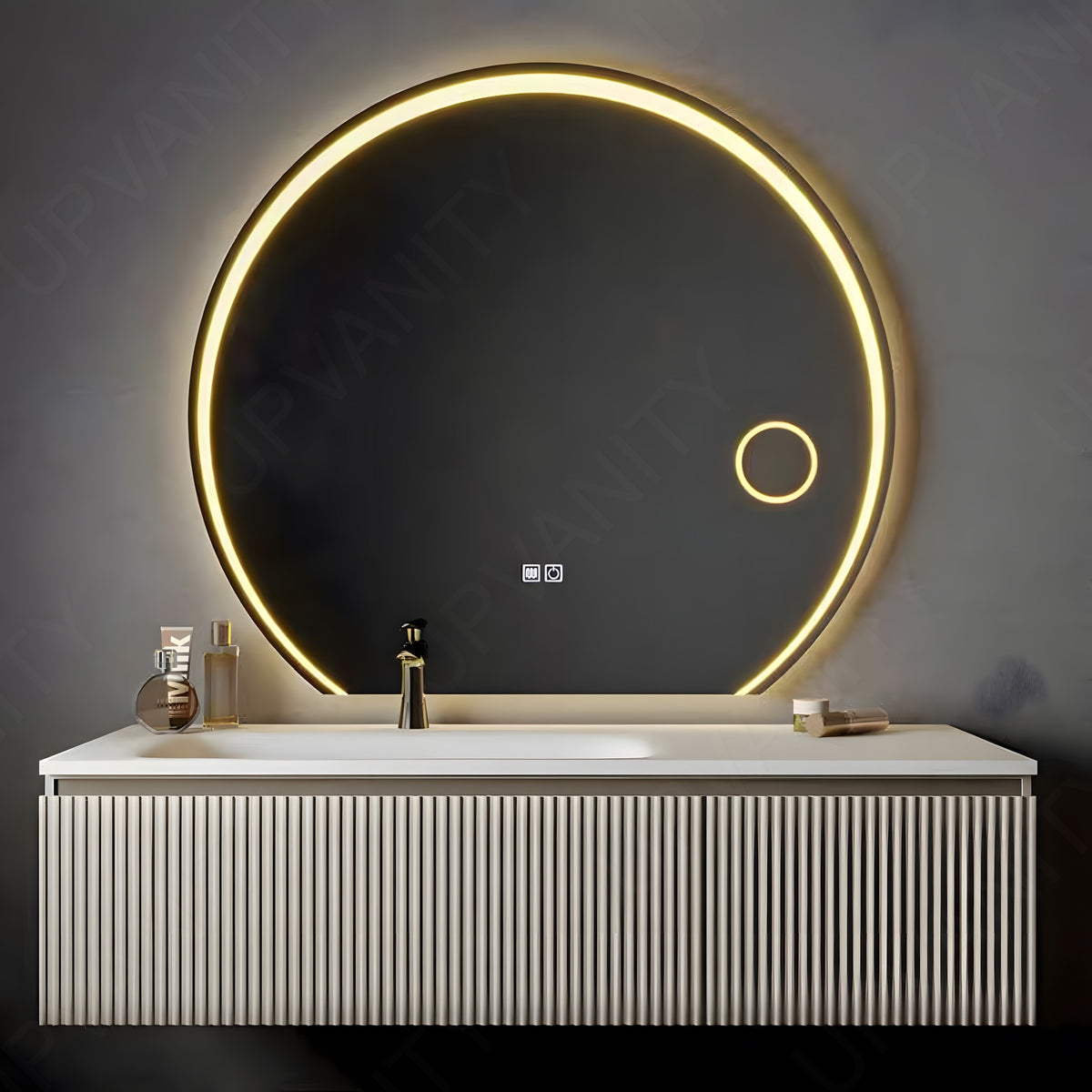 Modern Bath Vanity Set, Beige, Striped Panel, 36"- 44", Single, Floating, Round Smart LED Mirror