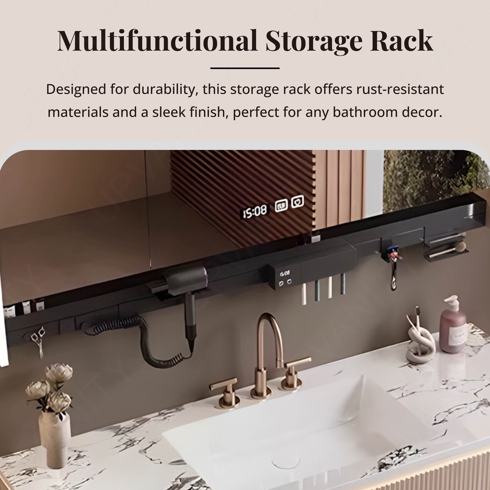 Modern Bath Vanity Set, Beige, Striped Panel, 36"- 64", Single, Floating, Smart LED Mirror, Rear Cabinet, Storage Rack