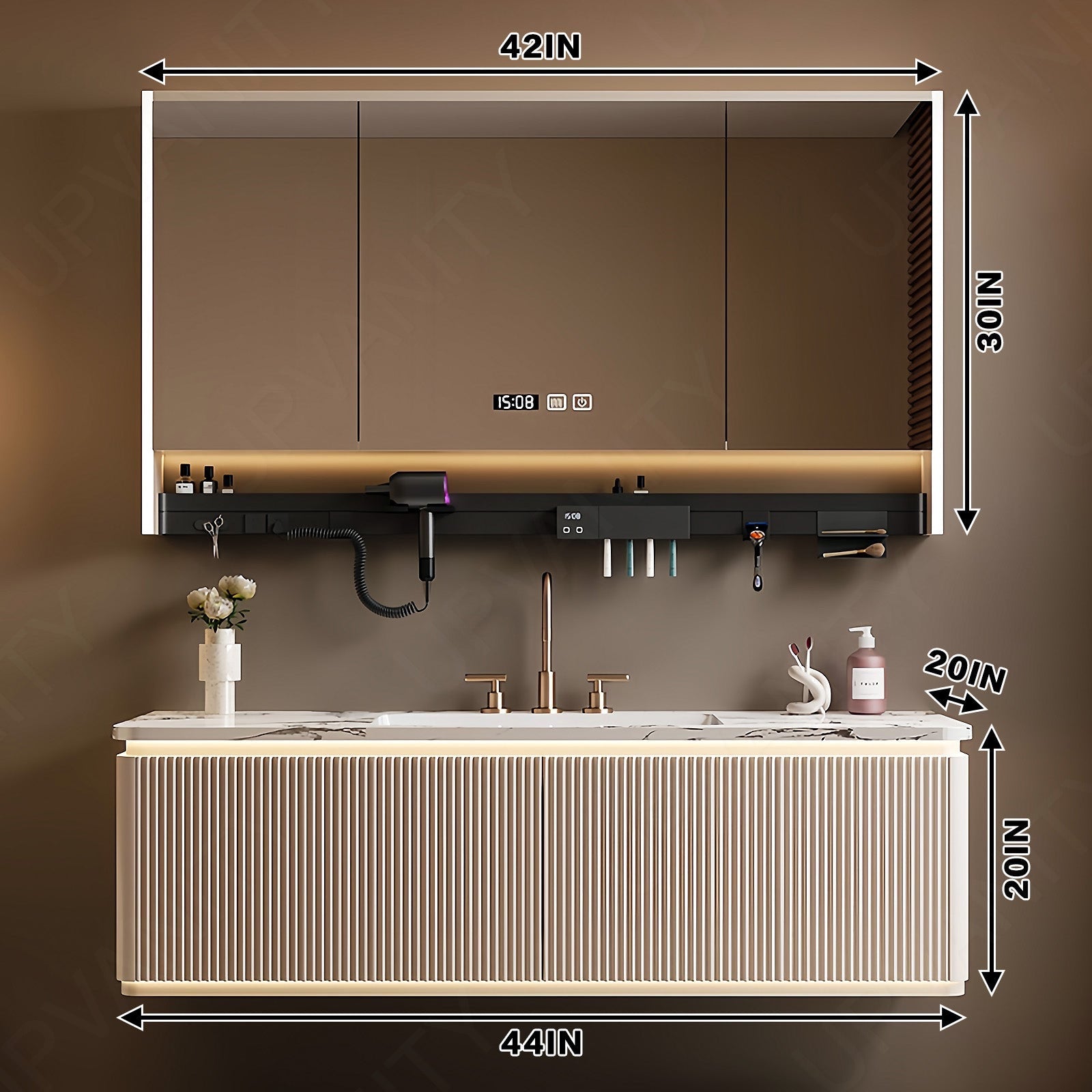 Modern Bath Vanity Set, Beige, Striped Panel, 36"- 64", Single, Floating, Smart LED Mirror, Rear Cabinet, Storage Rack