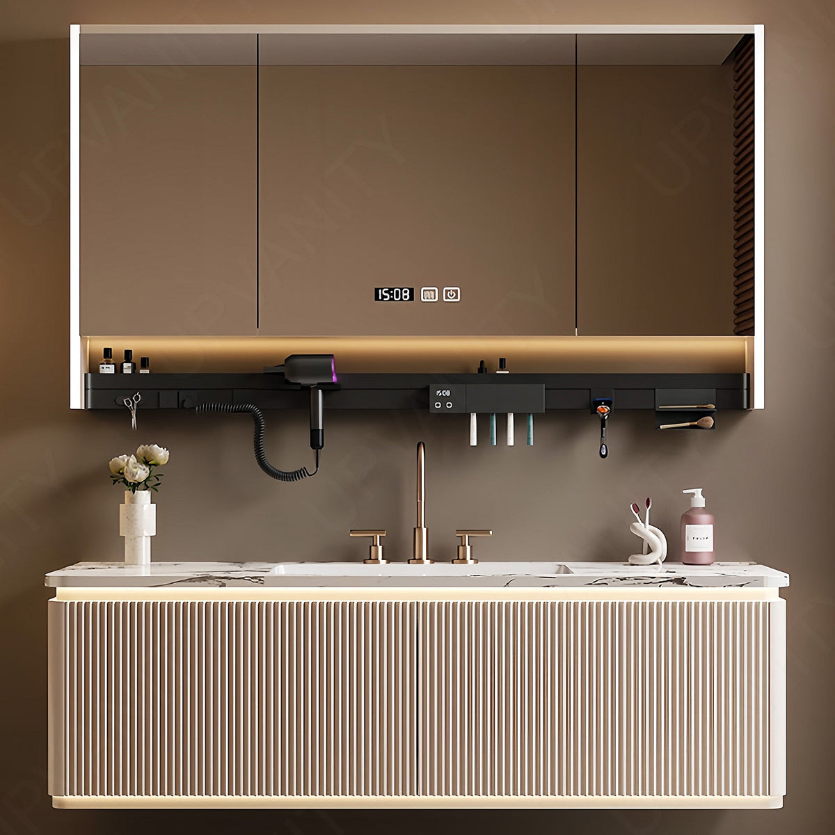 Modern Bath Vanity Set, Beige, Striped Panel, 36"- 64", Single, Floating, Smart LED Mirror, Rear Cabinet, Storage Rack