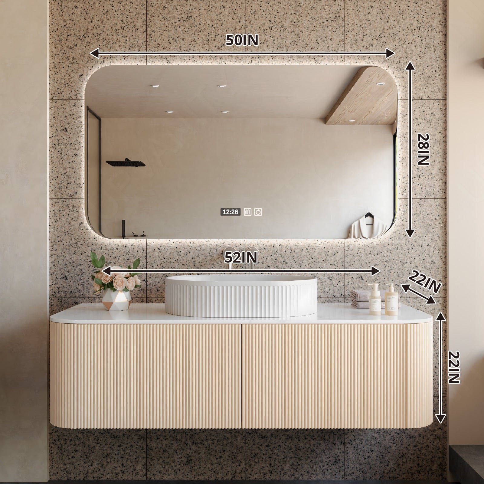 Modern Bath Vanity Set, Beige, Striped Panel, 40"-60", Single Vessel Sink, Floating, Rounded Edge, Smart LED Mirror