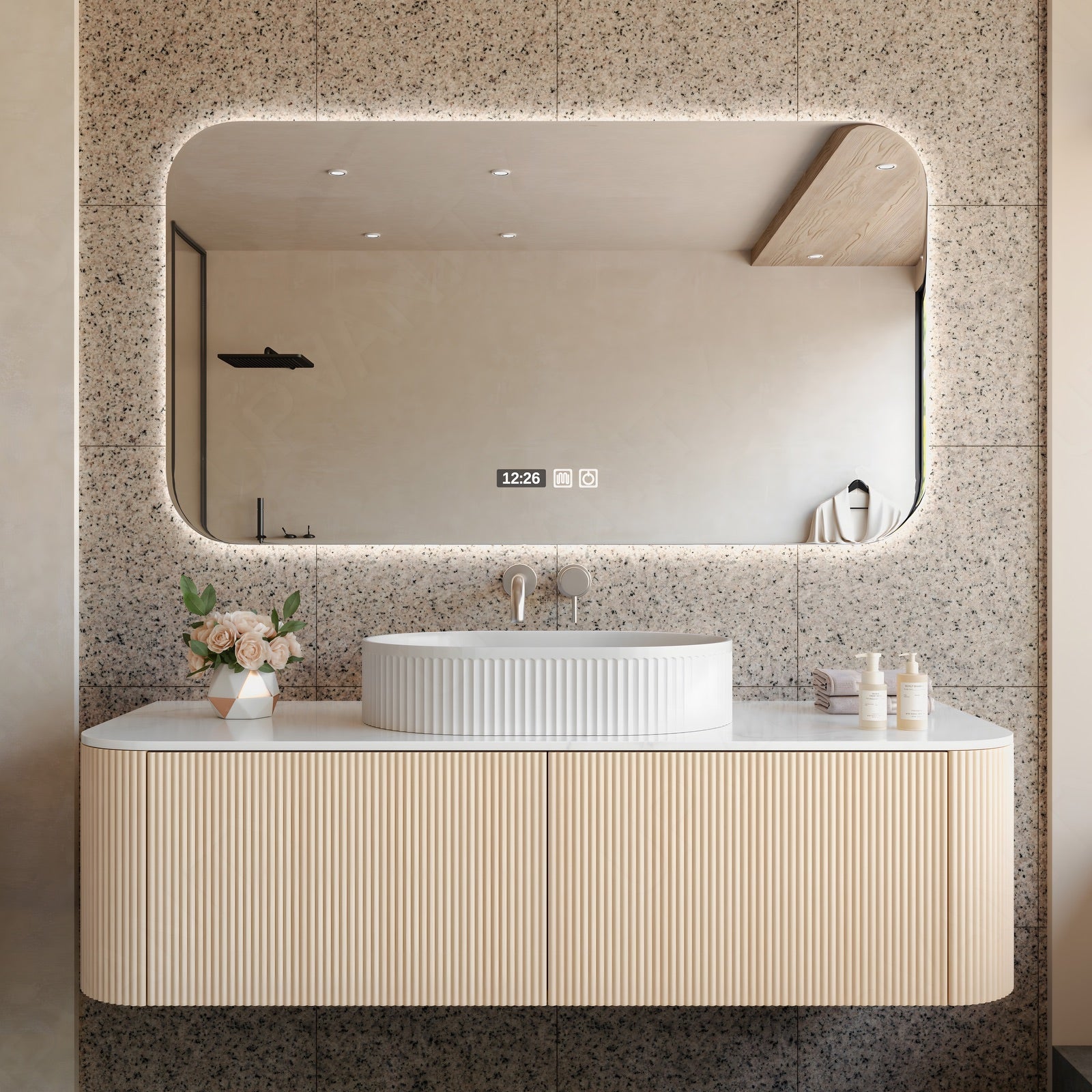 Modern Bath Vanity Set, Beige, Striped Panel, 40"-60", Single Vessel Sink, Floating, Rounded Edge, Smart LED Mirror