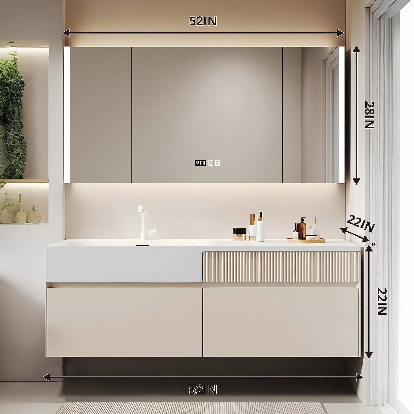 Modern Bath Vanity Set, Beige, Striped Panel, 40"-64", Single, Floating, Smart LED Mirror, Rear Cabinet
