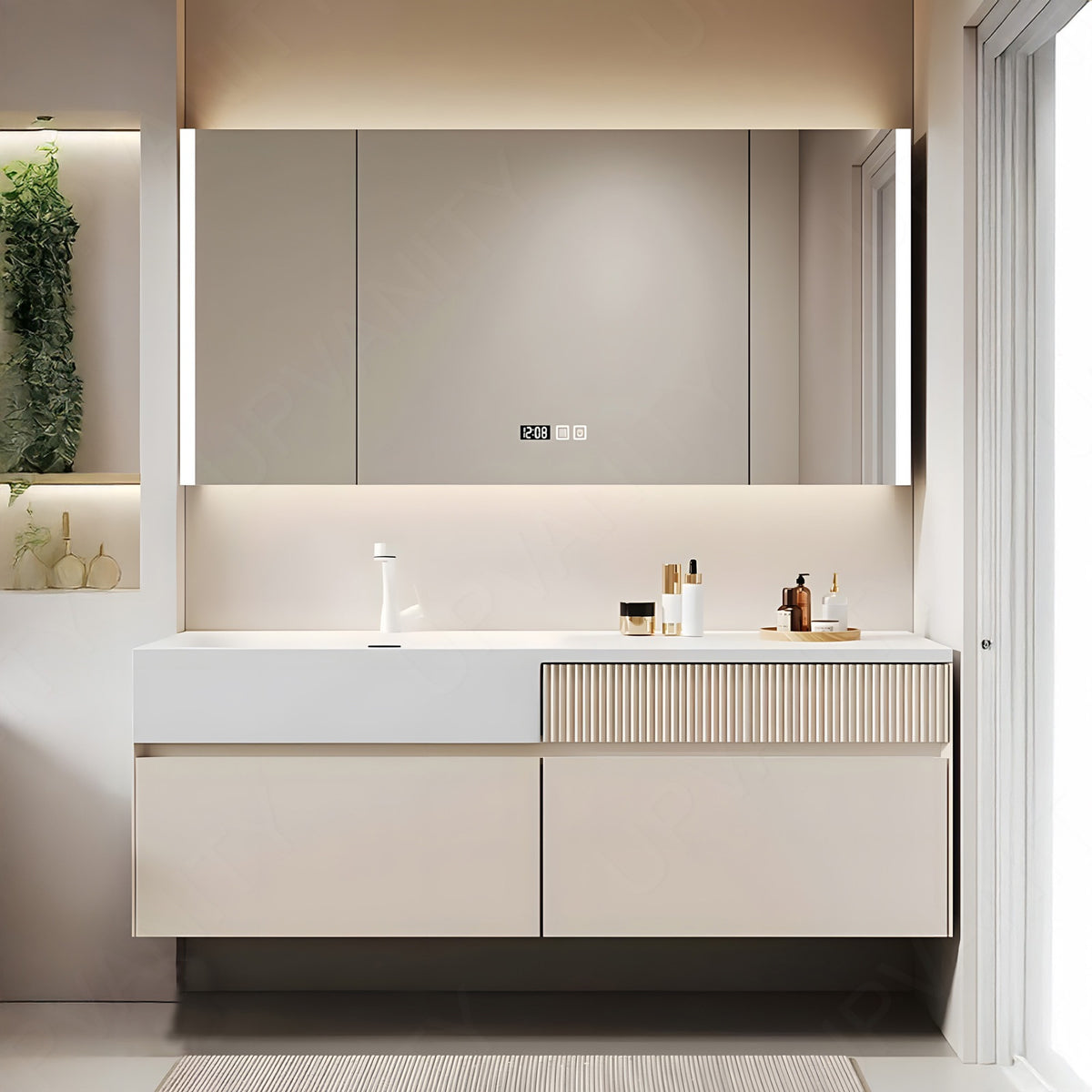 Modern Bath Vanity Set, Beige, Striped Panel, 40"-64", Single, Floating, Smart LED Mirror, Rear Cabinet