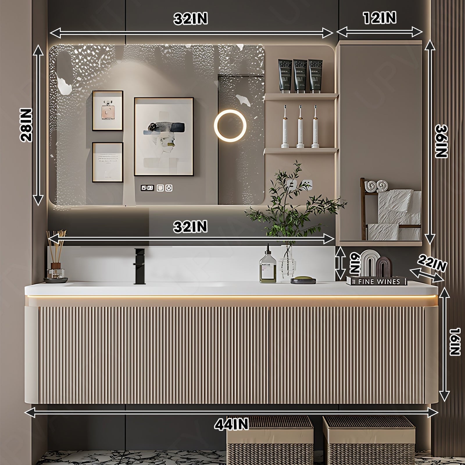 Modern Bath Vanity Set, Beige, Striped Panel, 44"- 72", Single, Floating, Smart LED Mirror, Side Cabinet