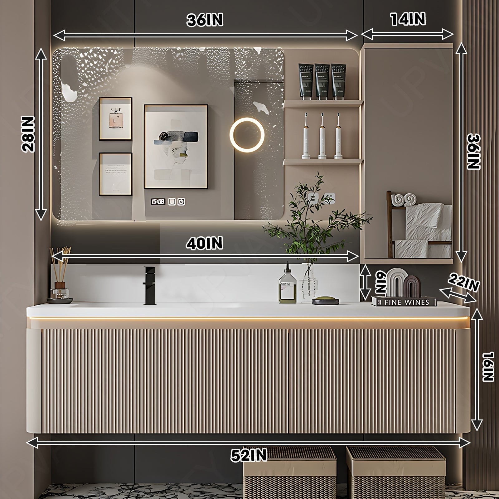 Modern Bath Vanity Set, Beige, Striped Panel, 44"- 72", Single, Floating, Smart LED Mirror, Side Cabinet