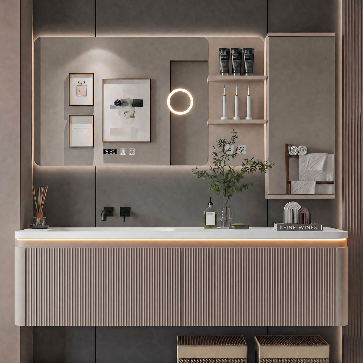 Modern Bath Vanity Set, Beige, Striped Panel, 44"- 72", Single, Floating, Smart LED Mirror, Side Cabinet