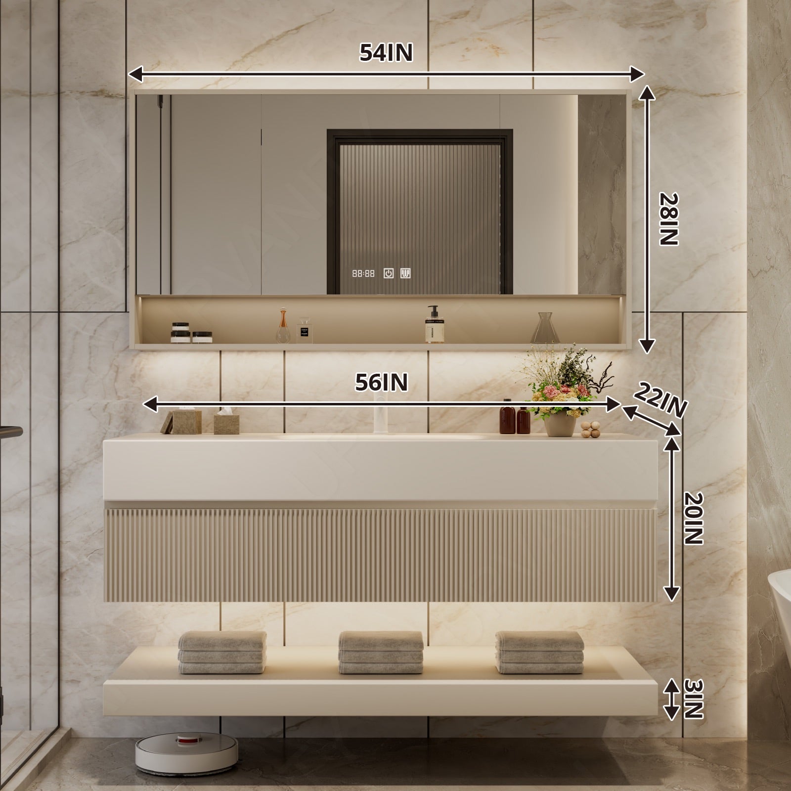 Modern Bath Vanity Set, Beige, Striped Panel, 52"-72", Single, Floating, Open Storage, Smart LED Mirror, Rear Cabinet