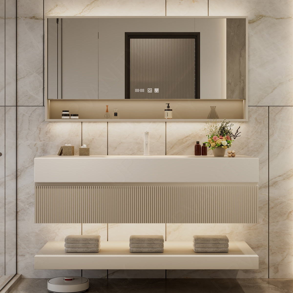 Modern Bath Vanity Set, Beige, Striped Panel, 52"-72", Single, Floating, Open Storage, Smart LED Mirror, Rear Cabinet