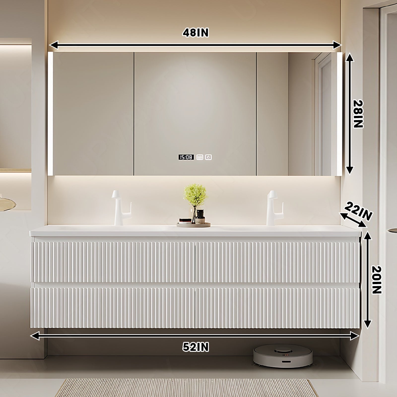 Modern Bath Vanity Set, Beige, Striped Panel, 52"- 78", Double, Floating, Smart LED Mirror, Rear Cabinet