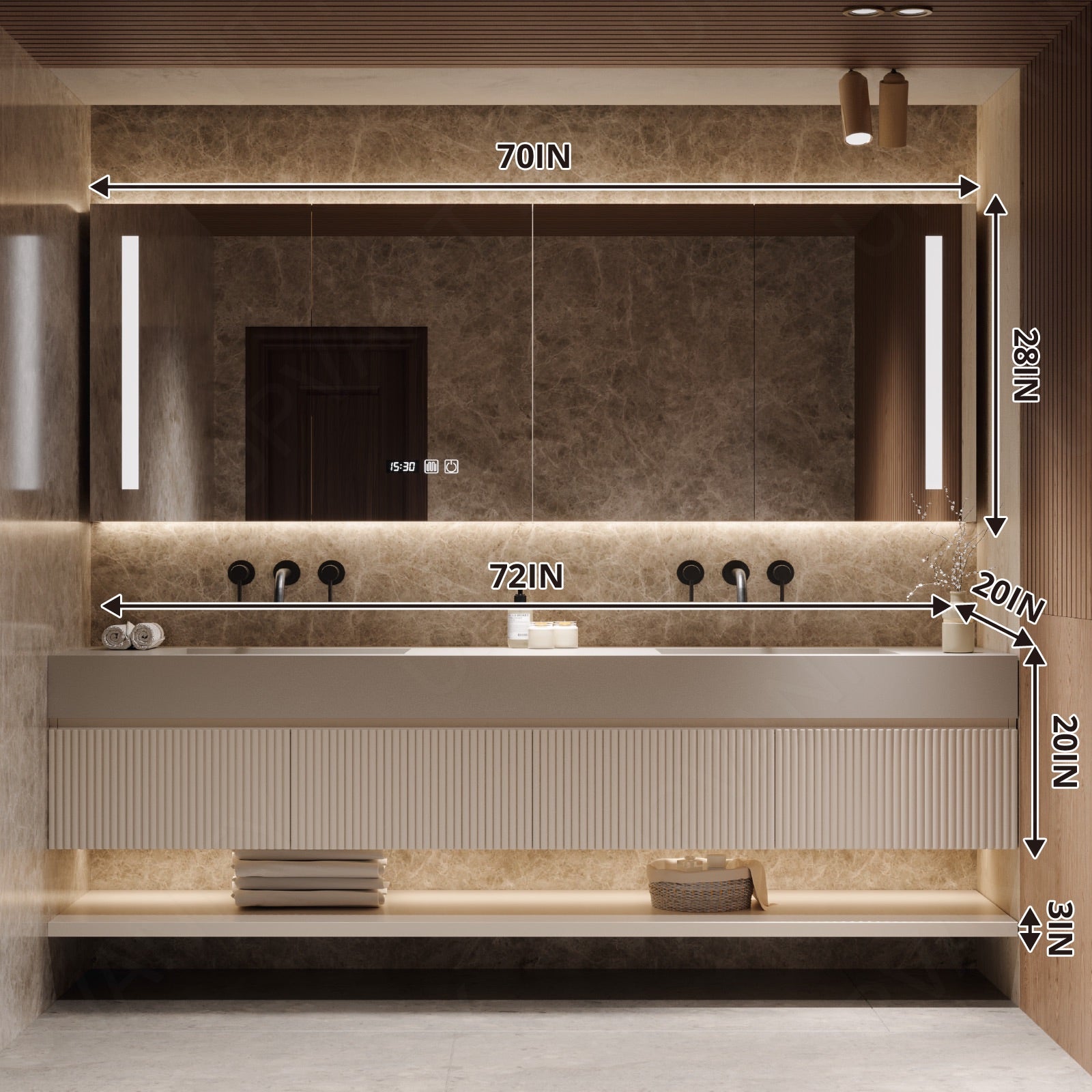 Modern Bath Vanity Set, Beige, Striped Panel, 56"-78", Double, Floating, Open Storage, Smart LED Mirror, Rear Cabinet