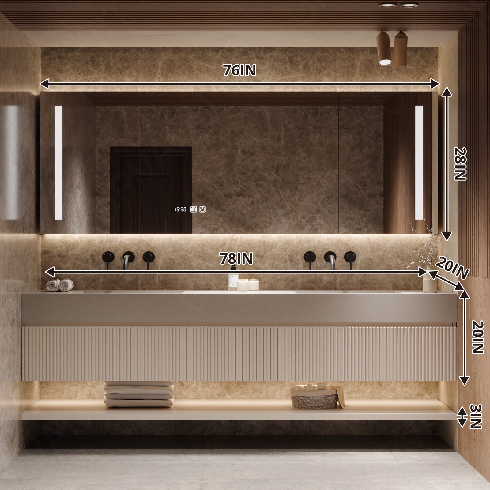 Modern Bath Vanity Set, Beige, Striped Panel, 56"-78", Double, Floating, Open Storage, Smart LED Mirror, Rear Cabinet