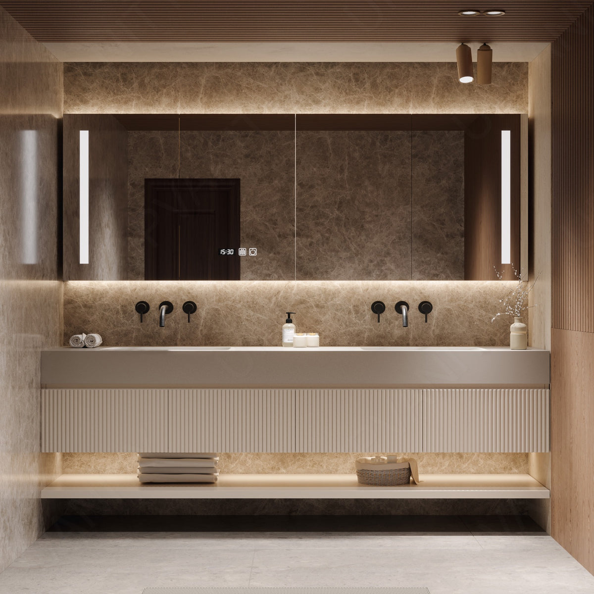 Modern Bath Vanity Set, Beige, Striped Panel, 56"-78", Double, Floating, Open Storage, Smart LED Mirror, Rear Cabinet