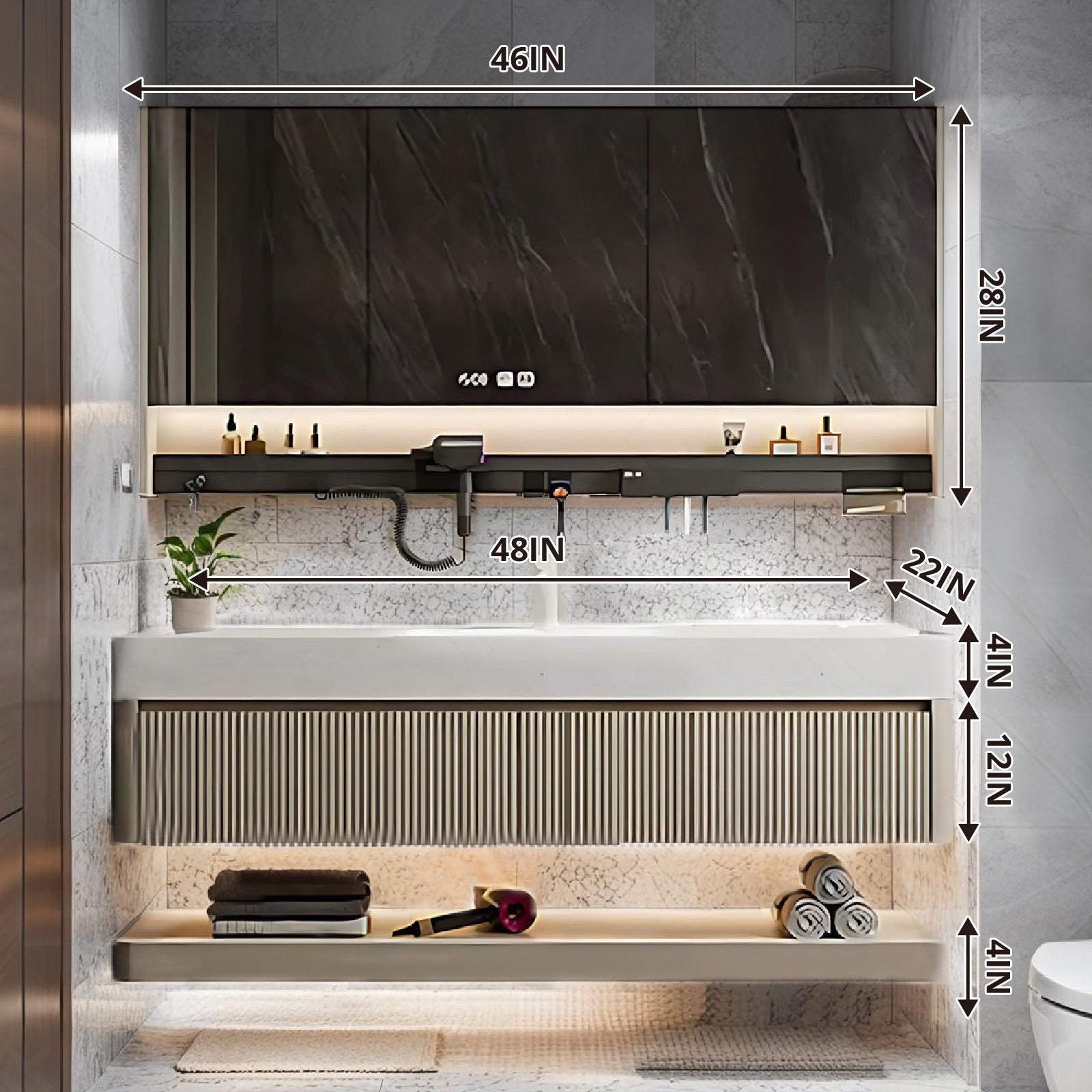 Modern Bath Vanity Set, Beige, Striped Panels, 36"- 78", Double, Floating, Smart LED Mirror, Rear Cabinet, Storage Rack