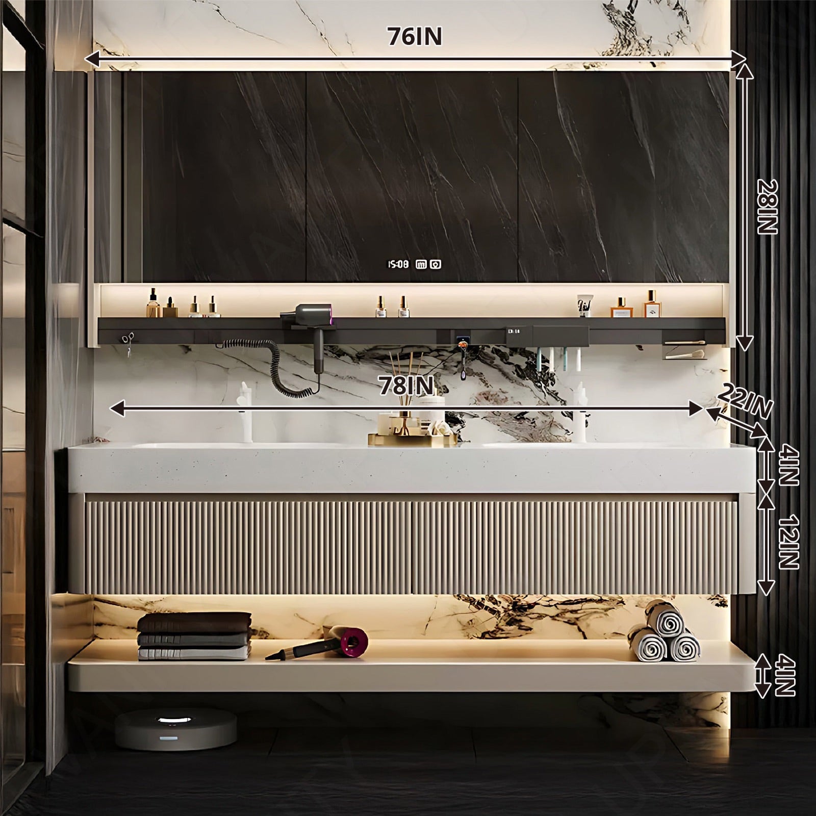 Modern Bath Vanity Set, Beige, Striped Panels, 36"- 78", Double, Floating, Smart LED Mirror, Rear Cabinet, Storage Rack