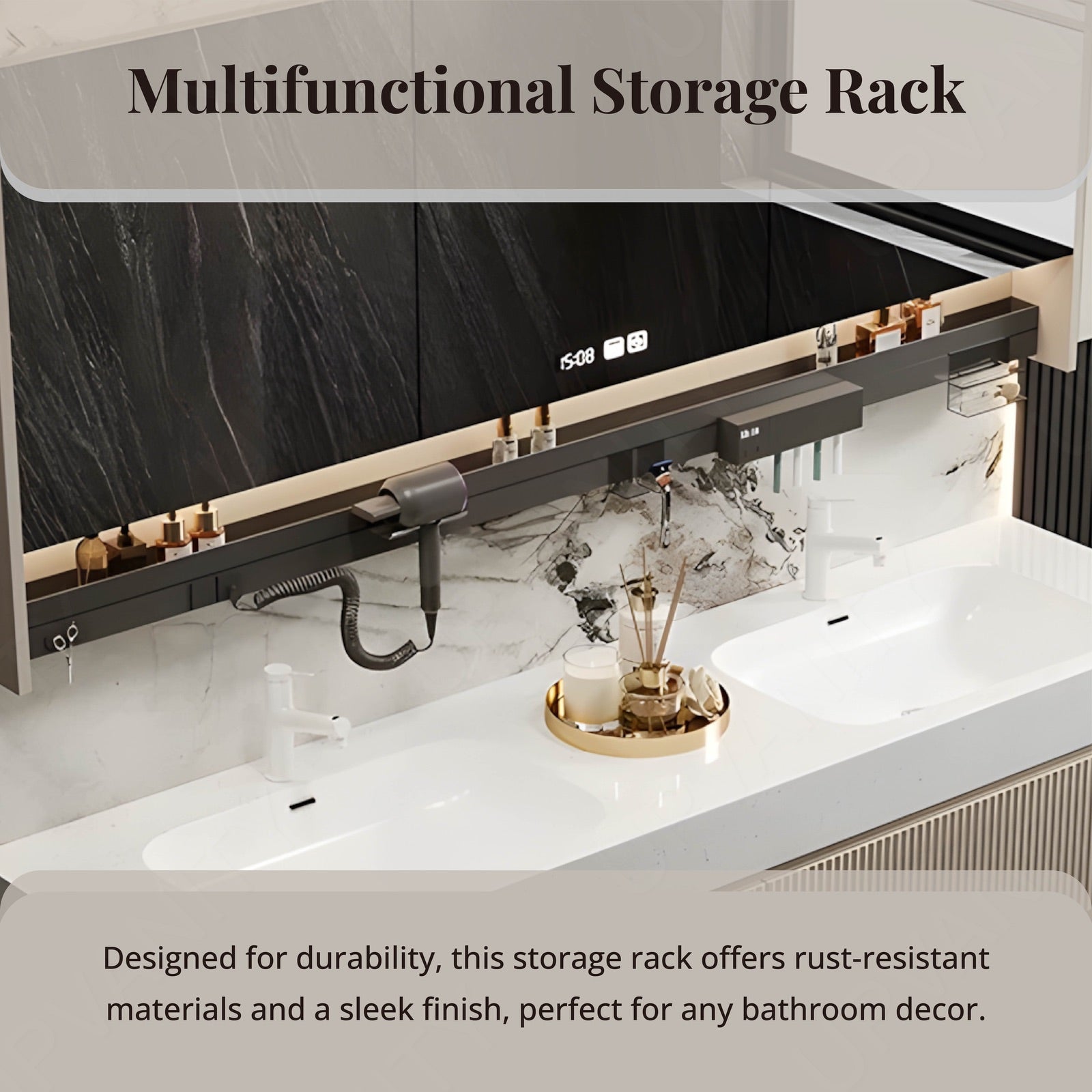 Modern Bath Vanity Set, Beige, Striped Panels, 36"- 78", Double, Floating, Smart LED Mirror, Rear Cabinet, Storage Rack