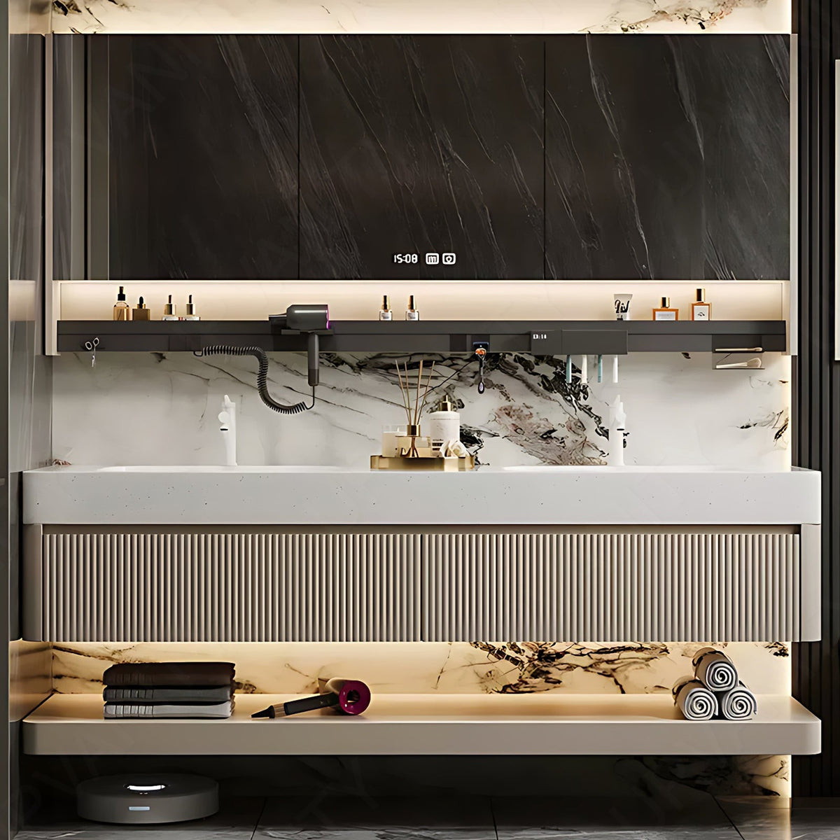 Modern Bath Vanity Set, Beige, Striped Panels, 36"- 78", Double, Floating, Smart LED Mirror, Rear Cabinet, Storage Rack