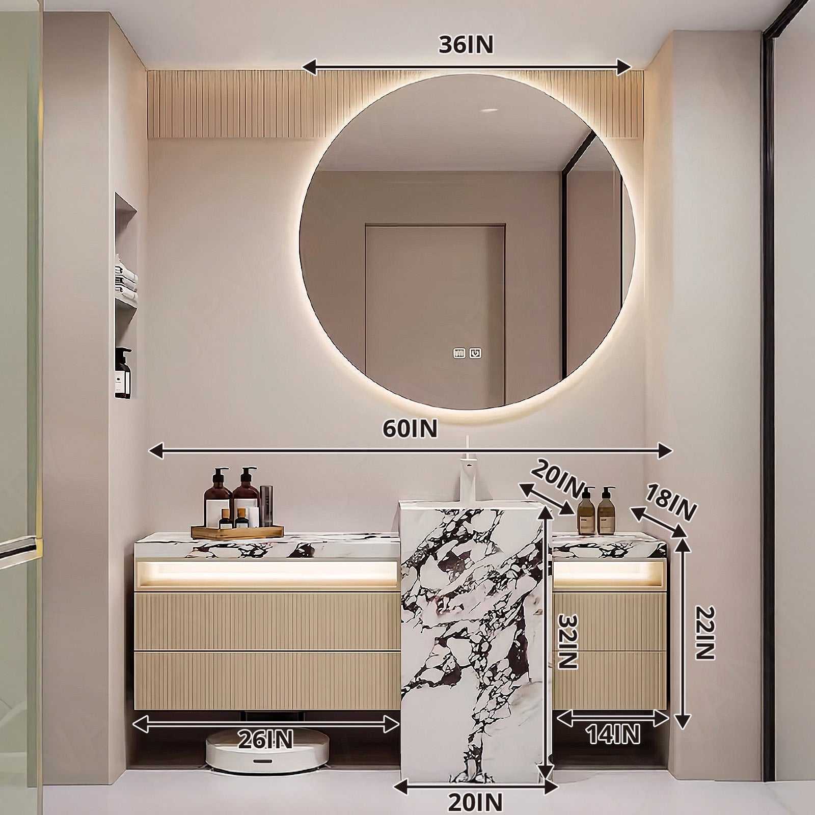 Modern Bath Vanity Set, Beige, Textured Column, Striped Panel, 52"-72", Single, Freestanding, Round Smart LED Mirror