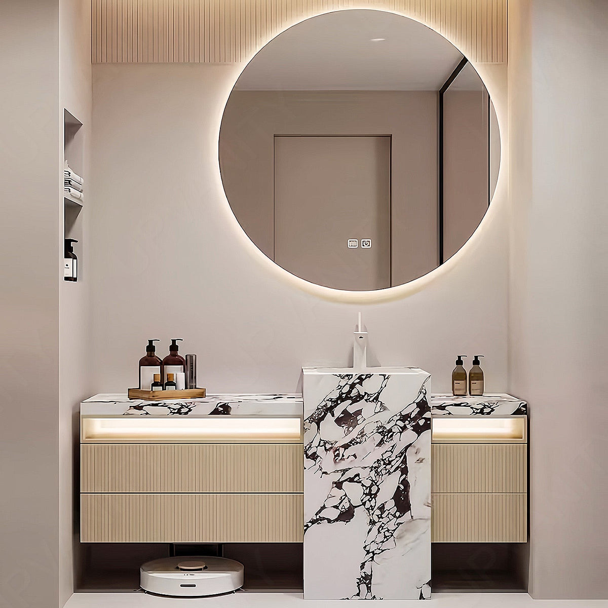 Modern Bath Vanity Set, Beige, Textured Column, Striped Panel, 64"-76", Single, Freestanding, Round Smart LED Mirror