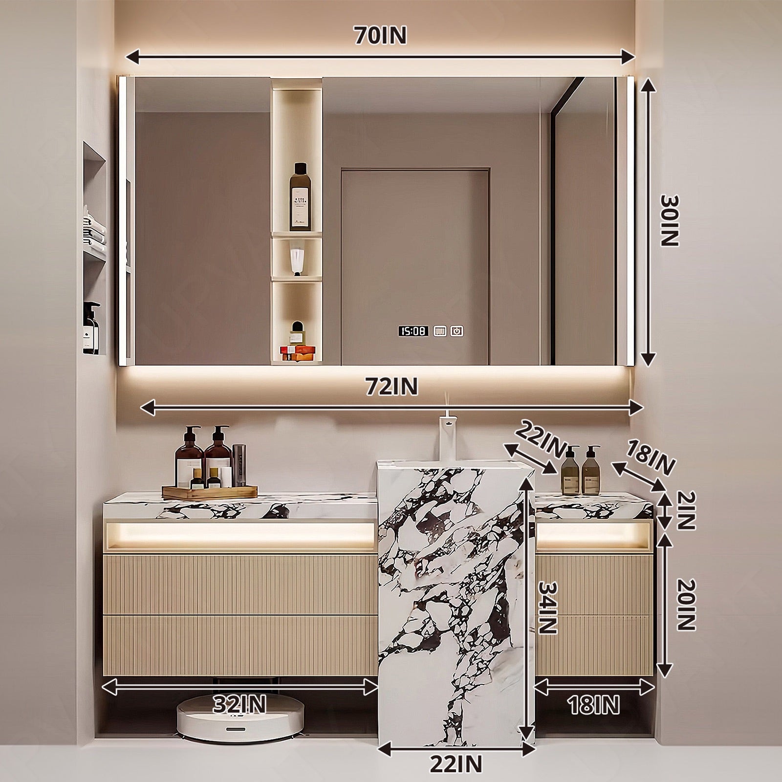 Modern Bath Vanity Set, Beige, Textured Column, Striped Panel, 64"-76", Single, Freestanding, Smart LED Mirror
