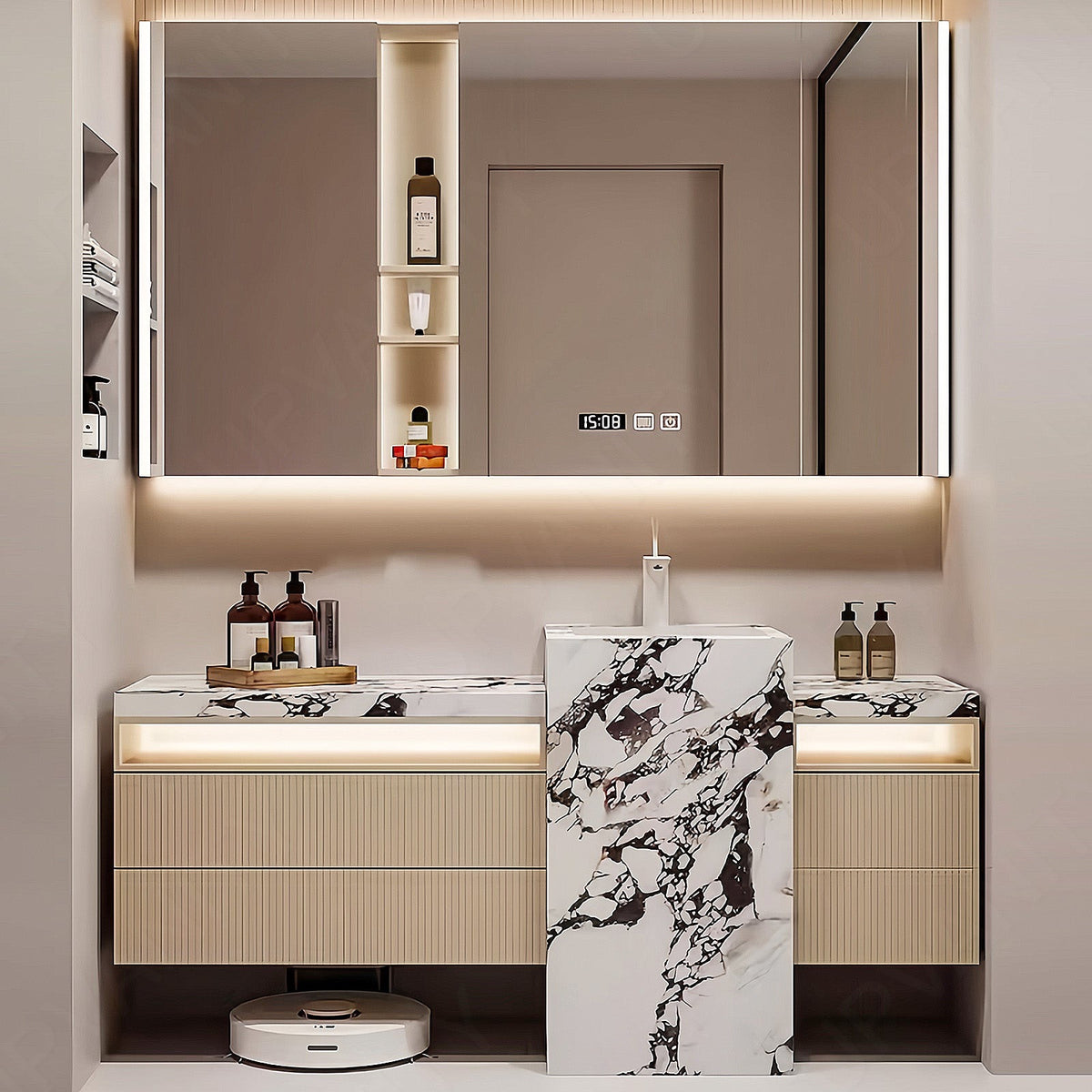 Modern Bath Vanity Set, Beige, Textured Column, Striped Panel, 64"-76", Single, Freestanding, Smart LED Mirror