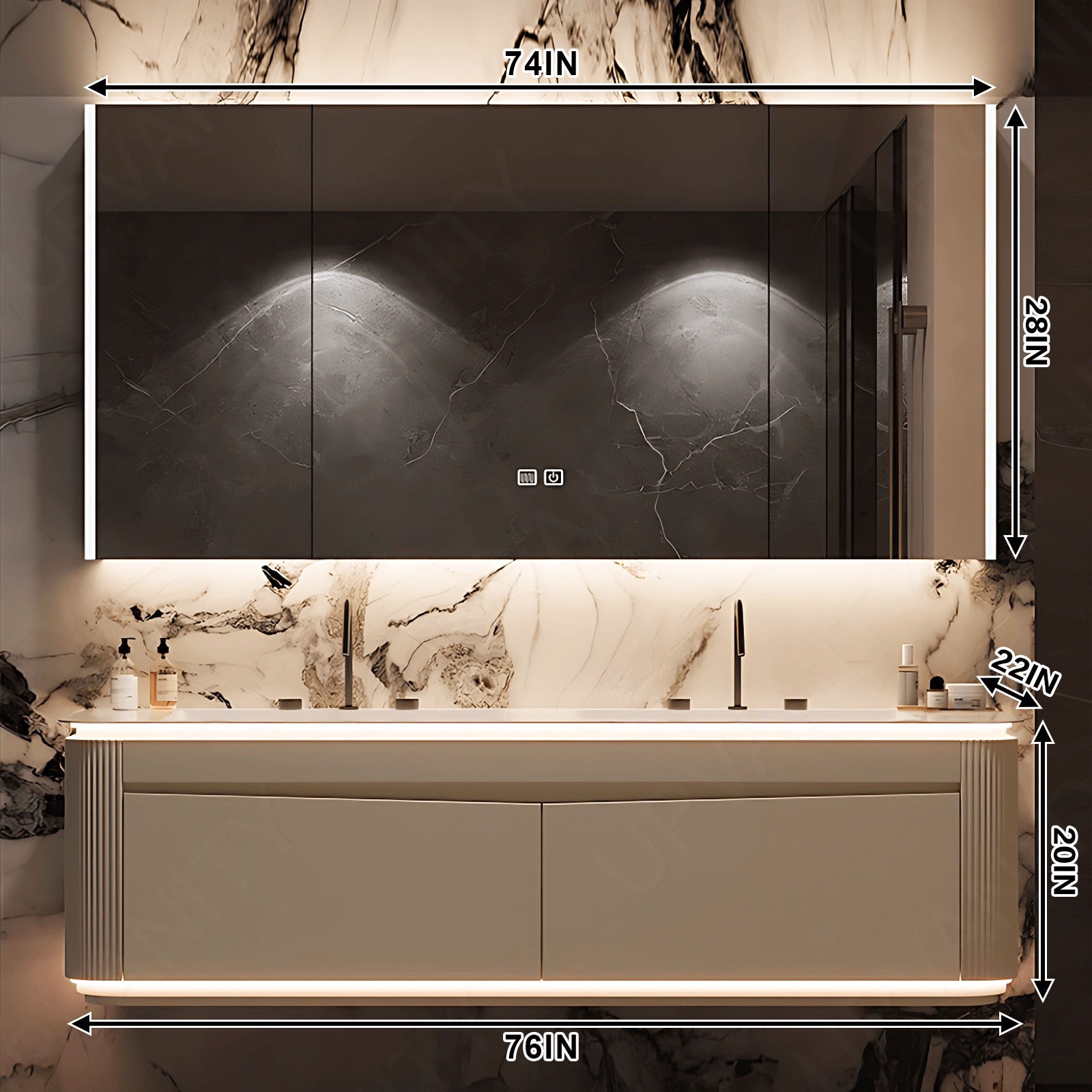 Modern Bath Vanity Set, Beige, Wedge Panel, 52"- 78", Double, Floating, Sensor Light, Smart LED Mirror, Rear Cabinet