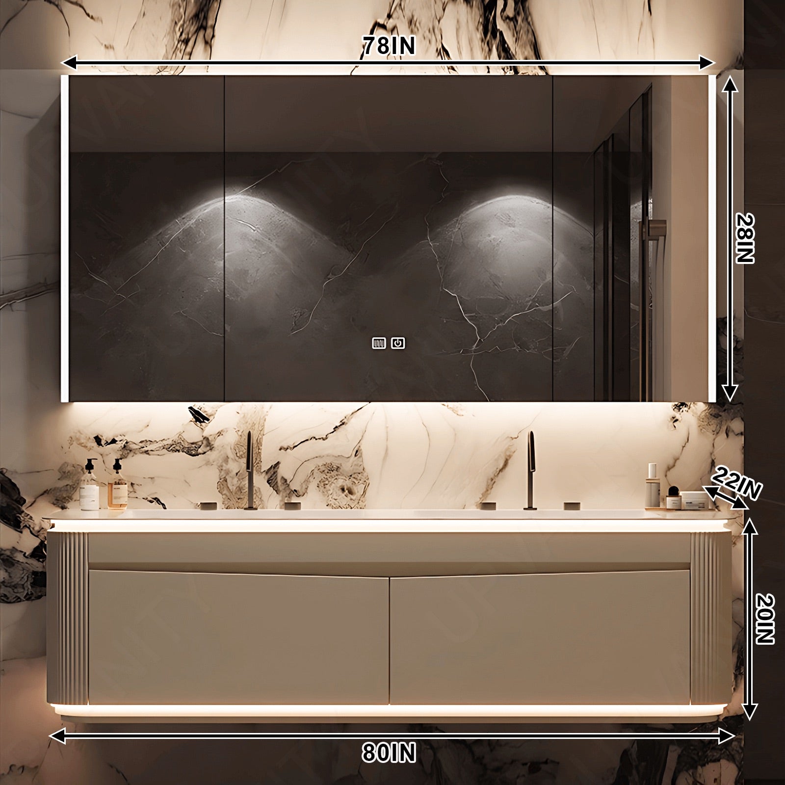 Modern Bath Vanity Set, Beige, Wedge Panel, 52"- 78", Double, Floating, Sensor Light, Smart LED Mirror, Rear Cabinet