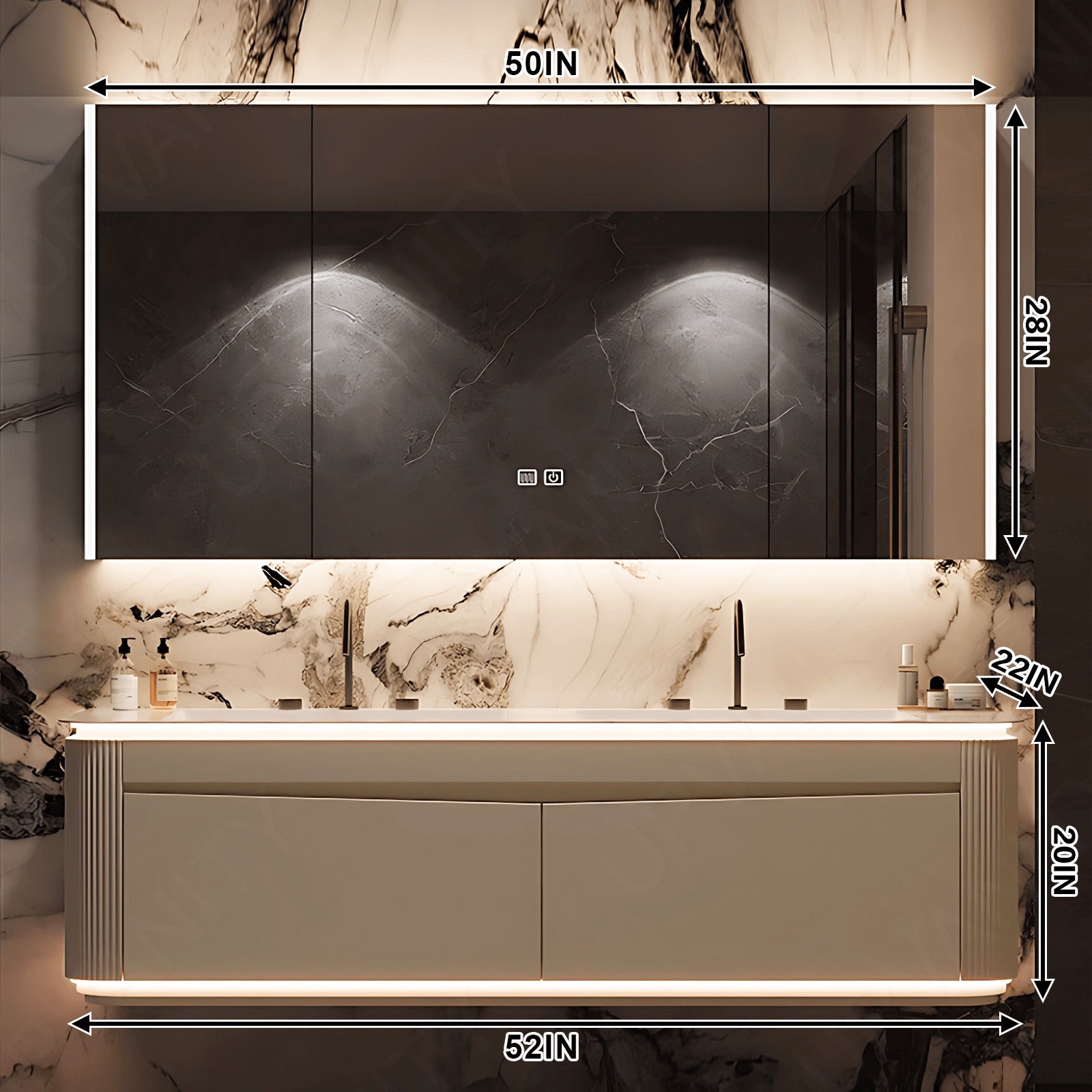 Modern Bath Vanity Set, Beige, Wedge Panel, 52"- 78", Double, Floating, Sensor Light, Smart LED Mirror, Rear Cabinet