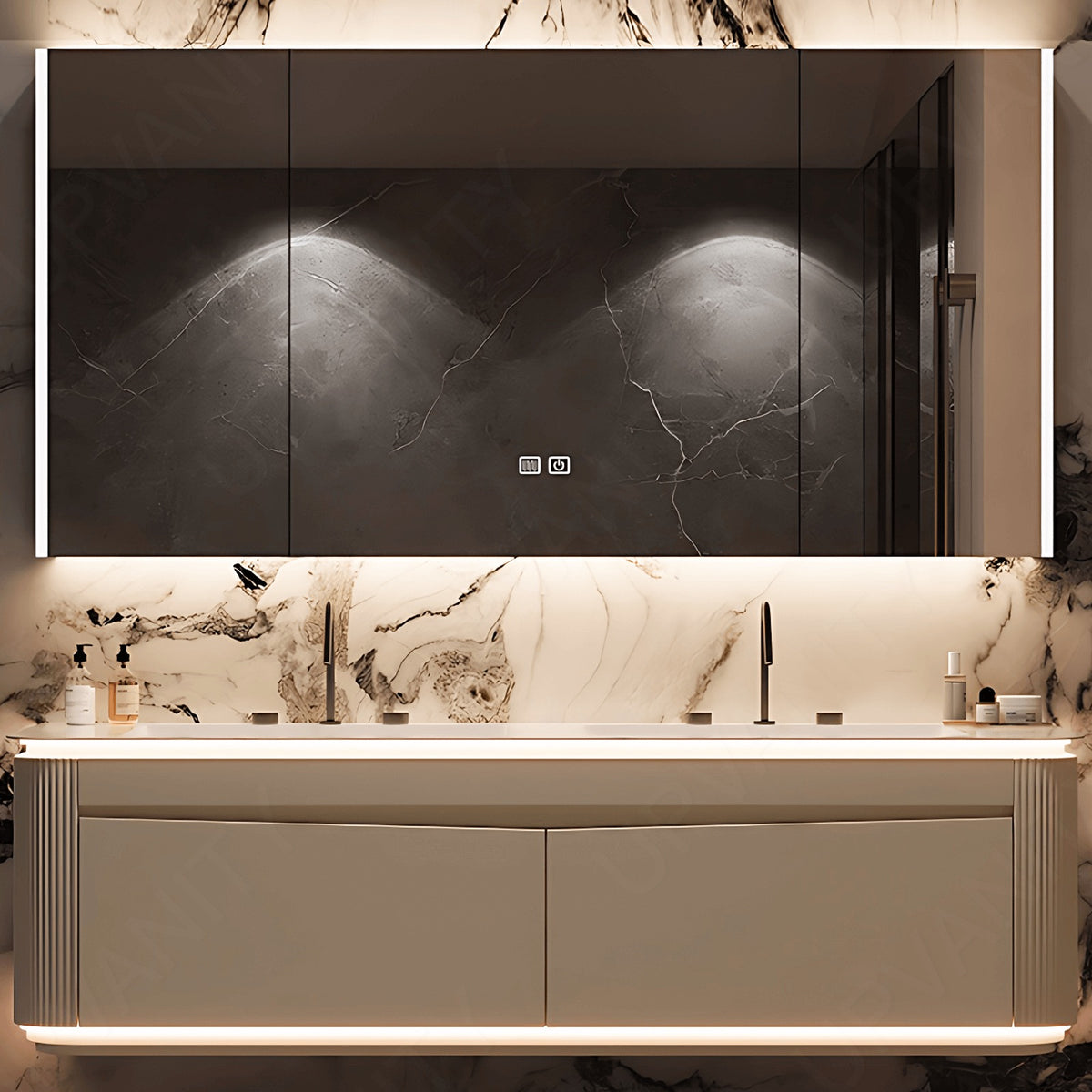Modern Bath Vanity Set, Beige, Wedge Panel, 52"- 78", Double, Floating, Sensor Light, Smart LED Mirror, Rear Cabinet