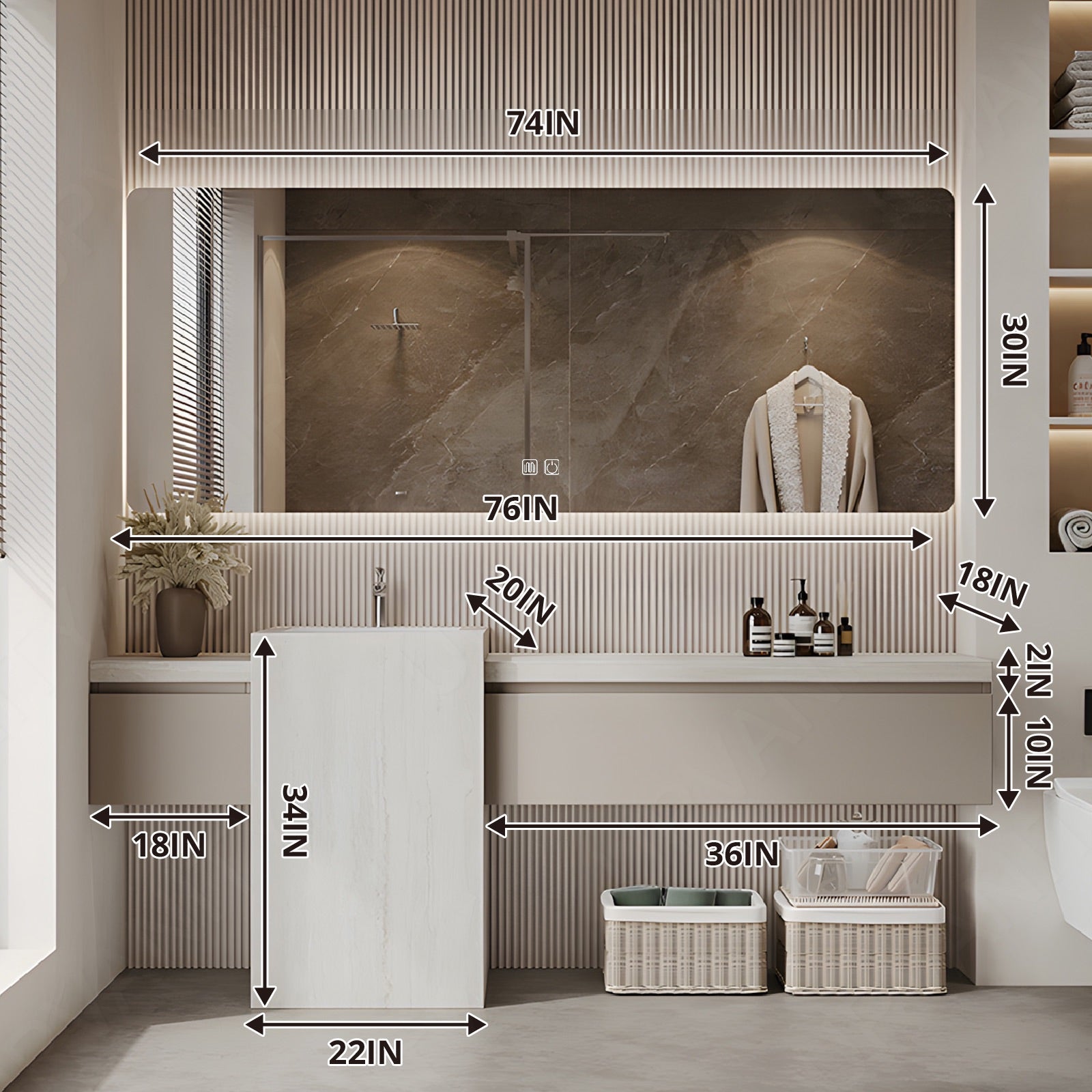 Modern Bath Vanity Set, Beige, White Column, 64"- 76", Single, Freestanding, Smart LED Mirror