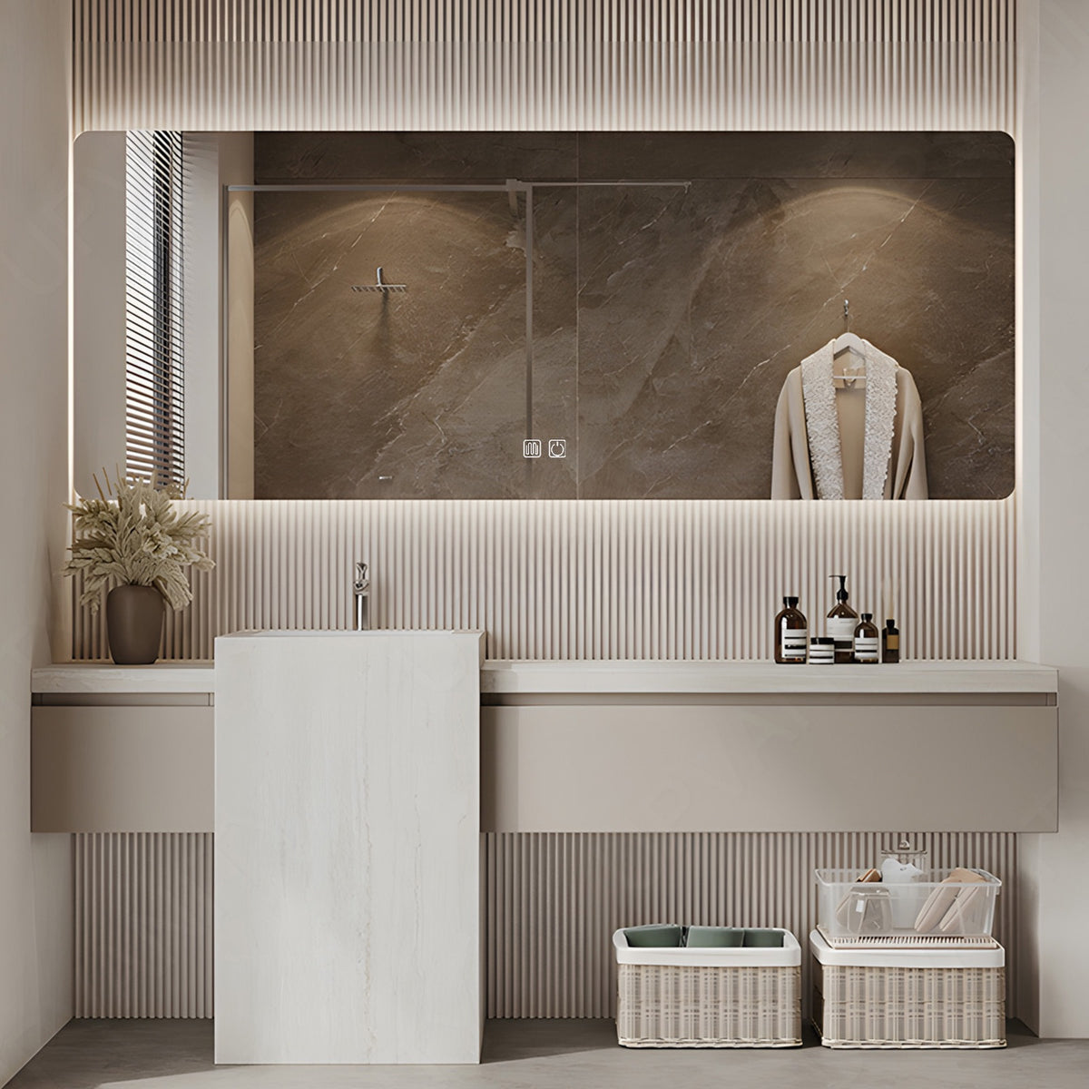 Modern Bath Vanity Set, Beige, White Column, 64"- 76", Single, Freestanding, Smart LED Mirror