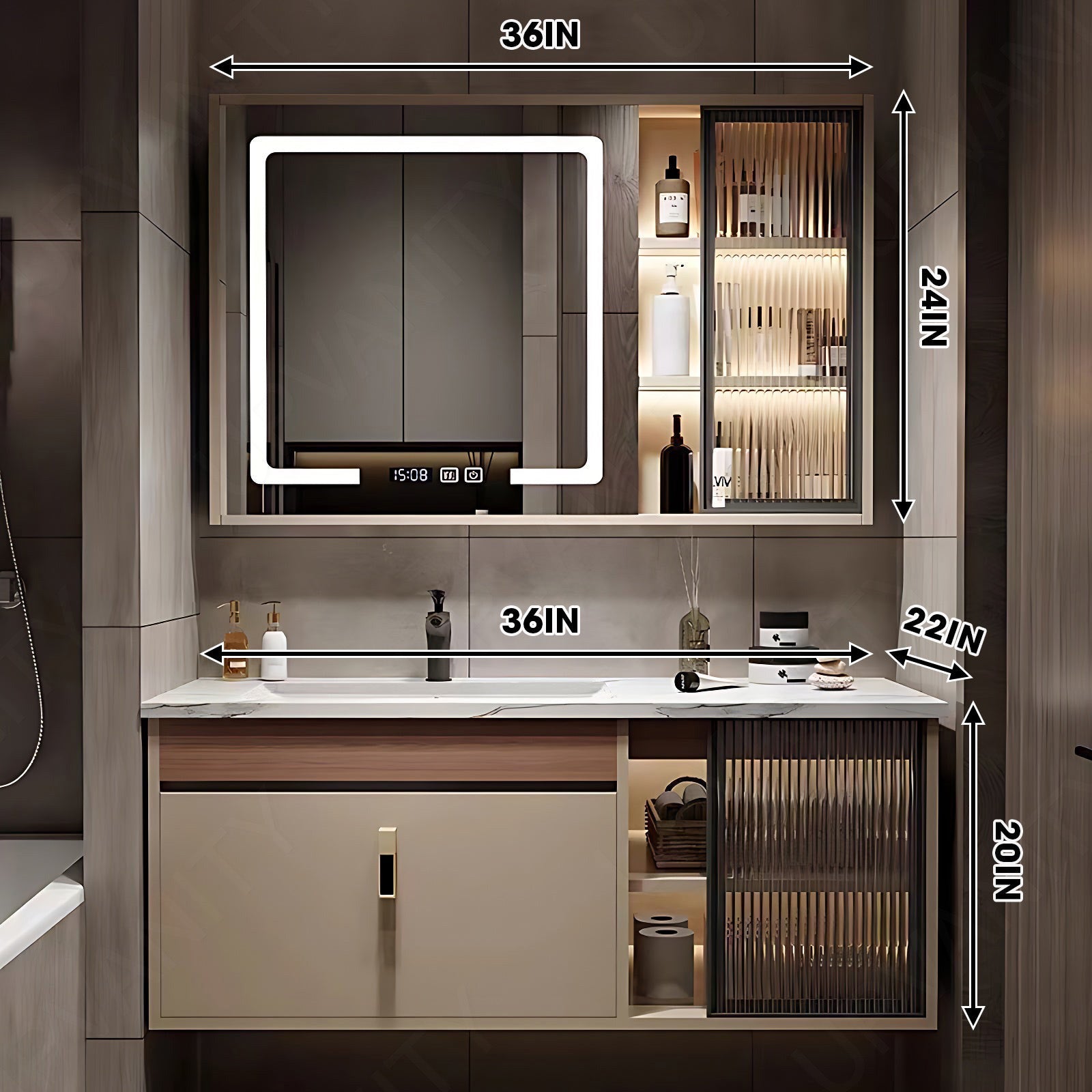 Modern Bath Vanity Set, Beige, White Marble Textured Top, 36"- 48", Single, Floating, Glass Door, Smart LED Mirror, Rear/Side Cabinet