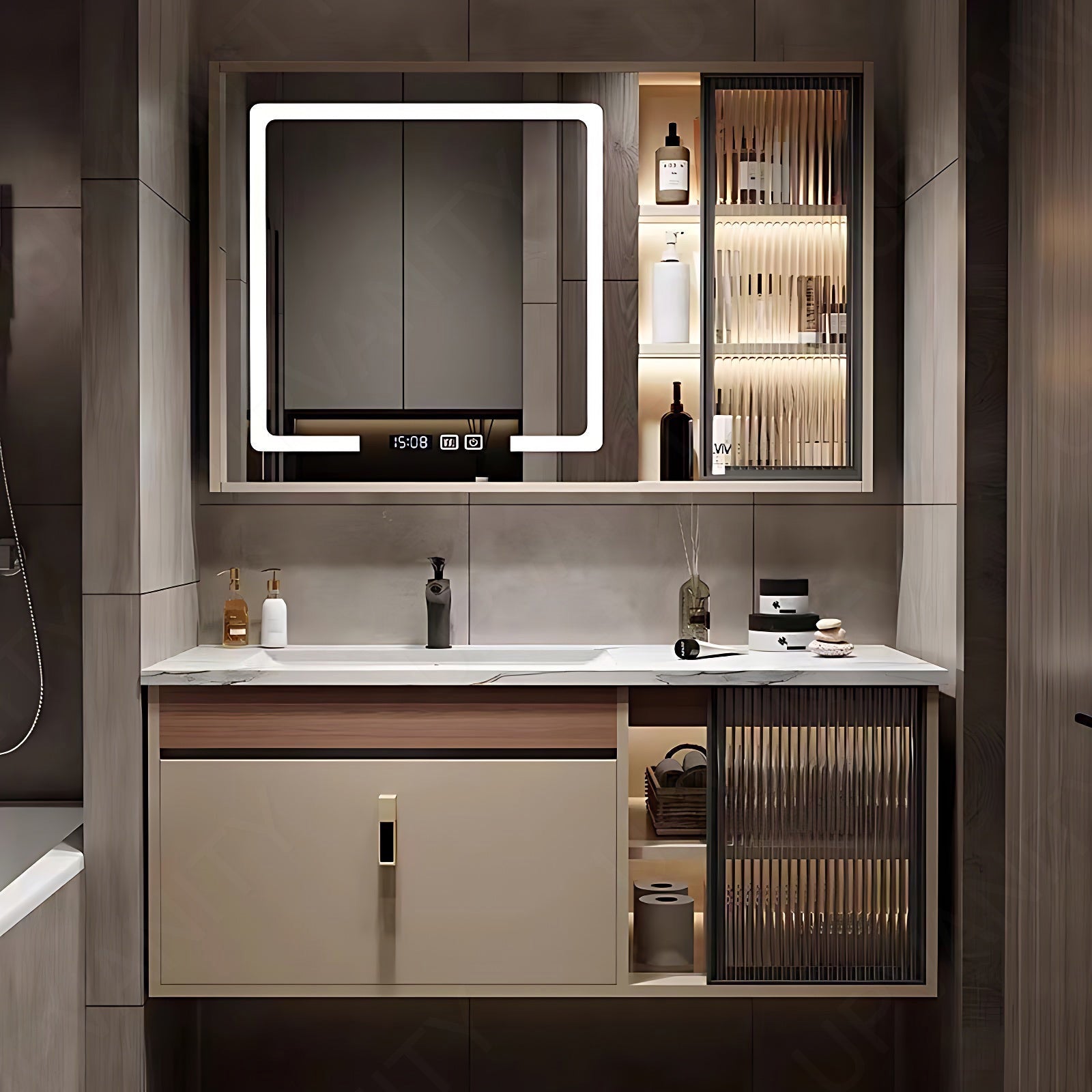 Modern Bath Vanity Set, Beige, White Marble Textured Top, 36"- 48", Single, Floating, Glass Door, Smart LED Mirror, Rear/Side Cabinet
