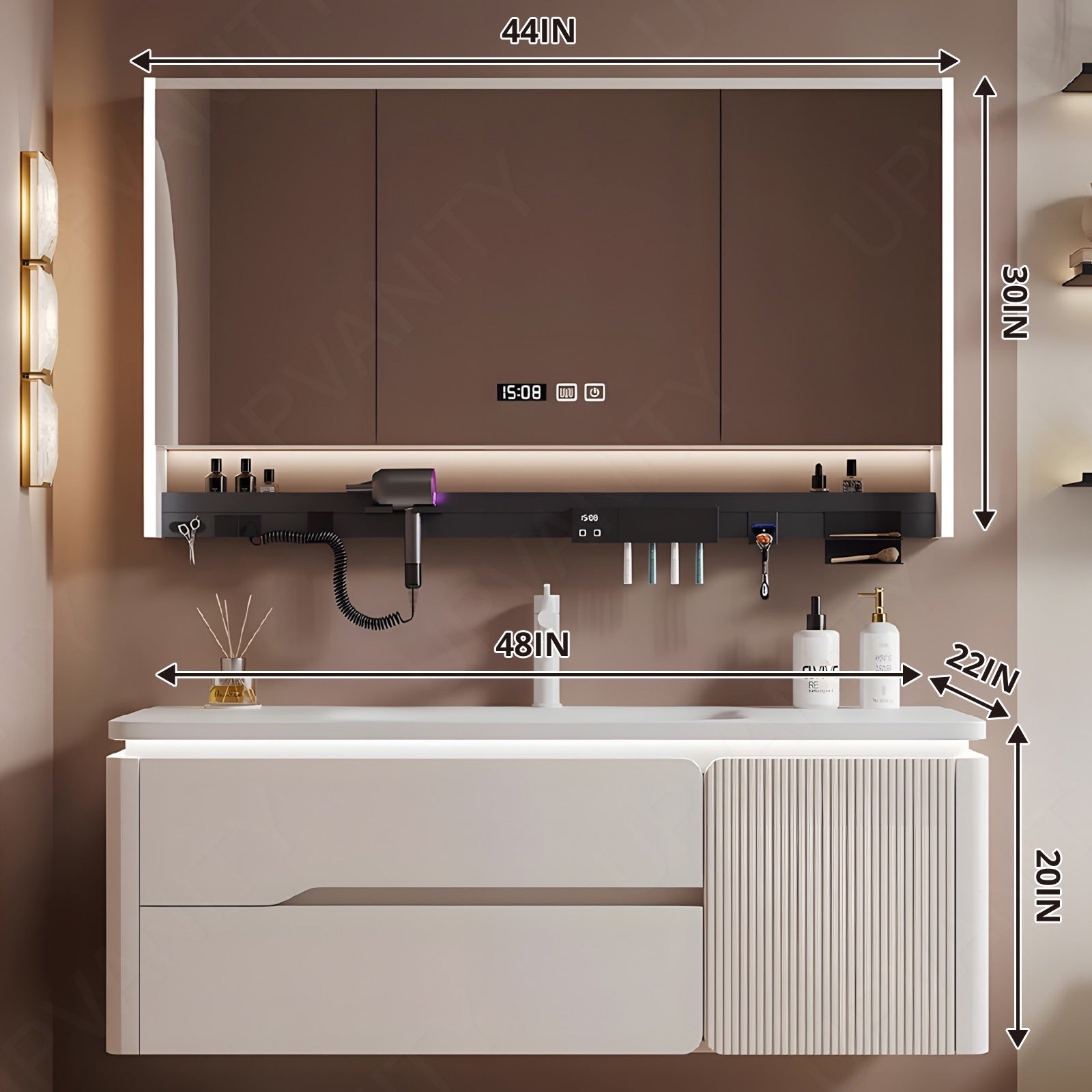 Modern Bath Vanity Set, Beige, White Slate Top, 32"-56", Single, Floating, Sensor Light, Smart LED Mirror, Rear Cabinet, Storage Rack