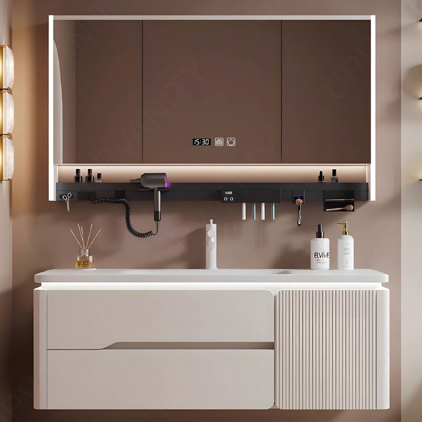Modern Bath Vanity Set, Beige, White Slate Top, 32"-56", Single, Floating, Sensor Light, Smart LED Mirror, Rear Cabinet, Storage Rack
