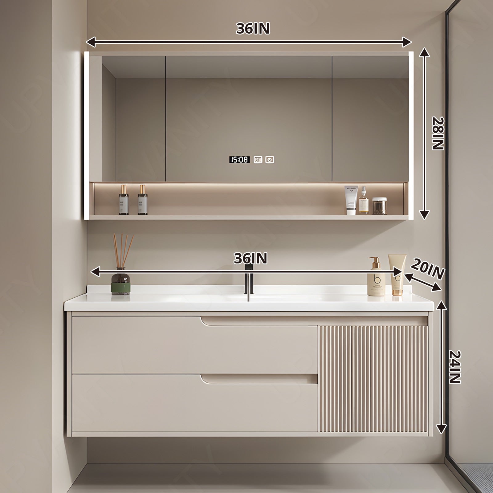 Modern Bath Vanity Set, Beige, White Slate Top, 36"-52", Single, Floating, Striped Panel, Smart LED Mirror, Rear Cabinet