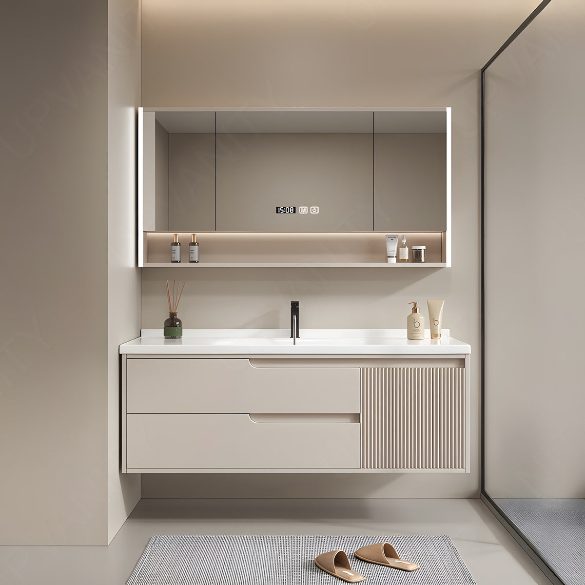 Modern Bath Vanity Set, Beige, White Slate Top, 36"-52", Single, Floating, Striped Panel, Smart LED Mirror, Rear Cabinet