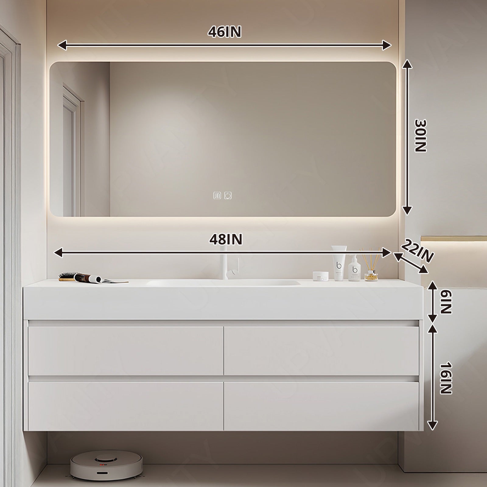 Modern Bath Vanity Set, Beige, White Slate Top, 40"-56", Single, Floating, Sectional Storage, Smart LED Mirror
