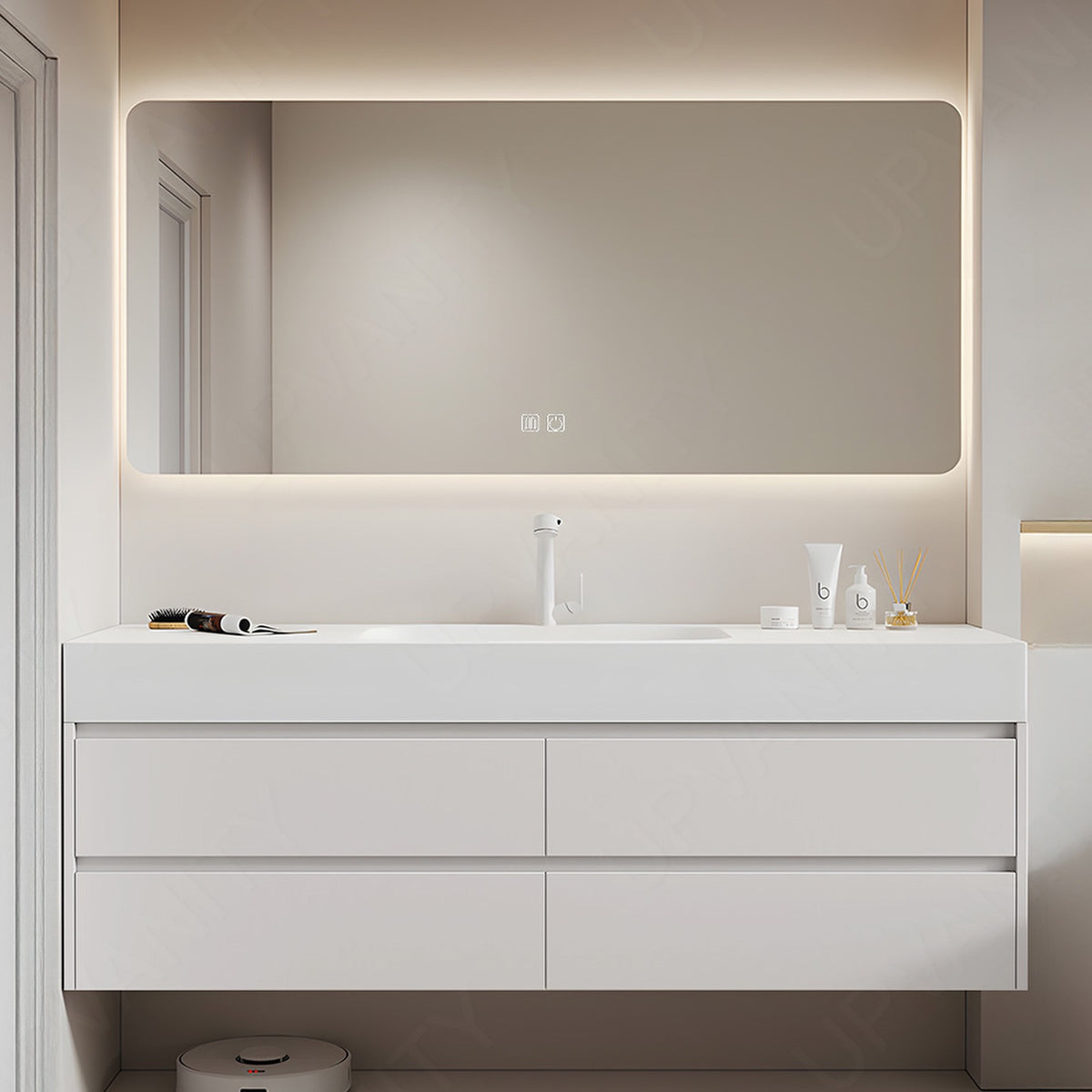 Modern Bath Vanity Set, Beige, White Slate Top, 40"-56", Single, Floating, Sectional Storage, Smart LED Mirror