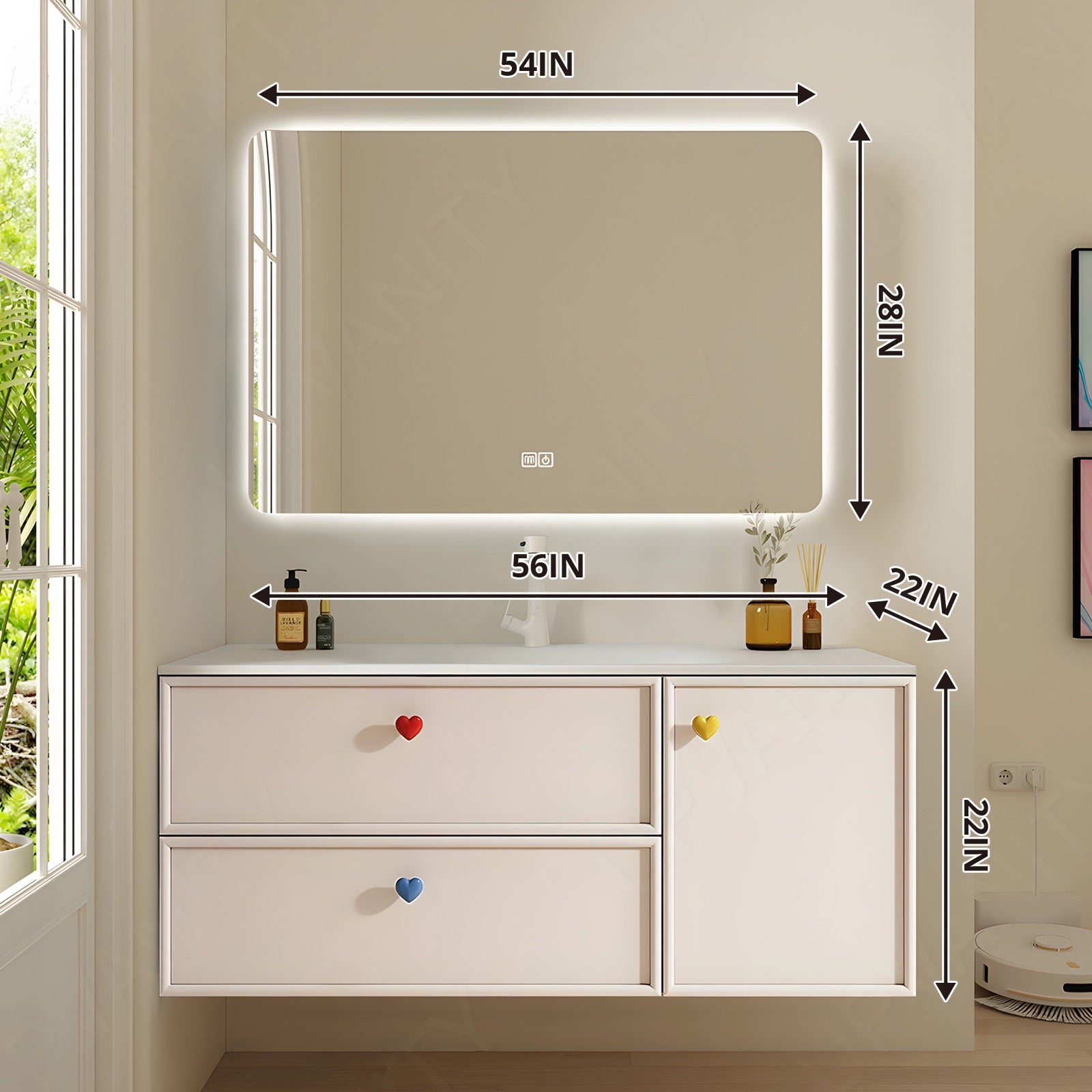 Modern Bath Vanity Set, Beige, White Slate Top, 40"-60", Single, Floating, Sectional Storage, Smart LED Mirror