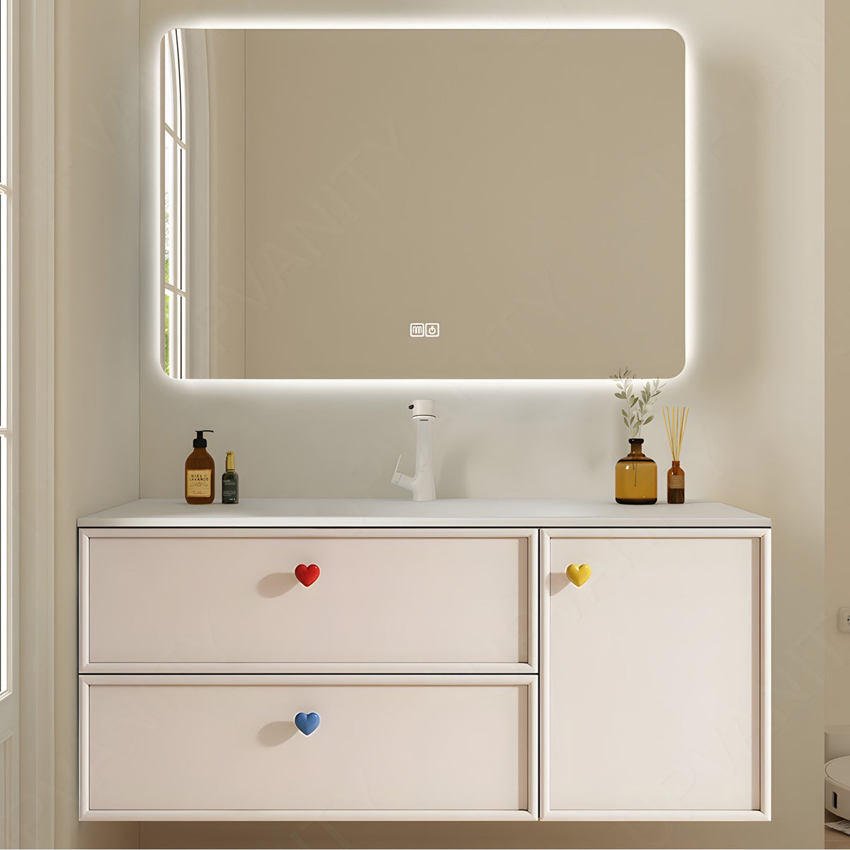 Modern Bath Vanity Set, Beige, White Slate Top, 40"-60", Single, Floating, Sectional Storage, Smart LED Mirror