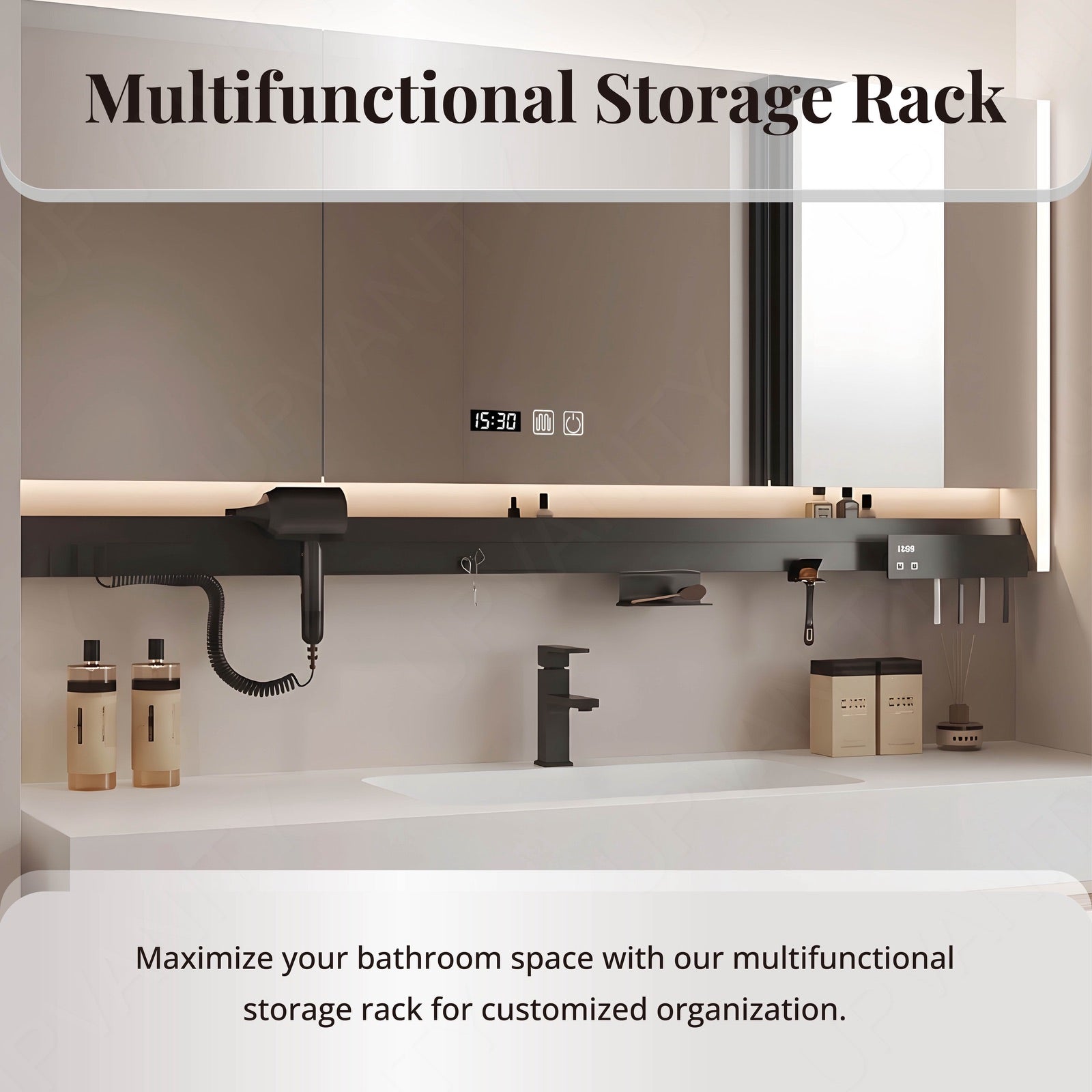 Modern Bath Vanity Set, Beige, White Slate Top, 40"- 72", Single, Floating, Smart LED Mirror, Rear Cabinet, Storage Rack