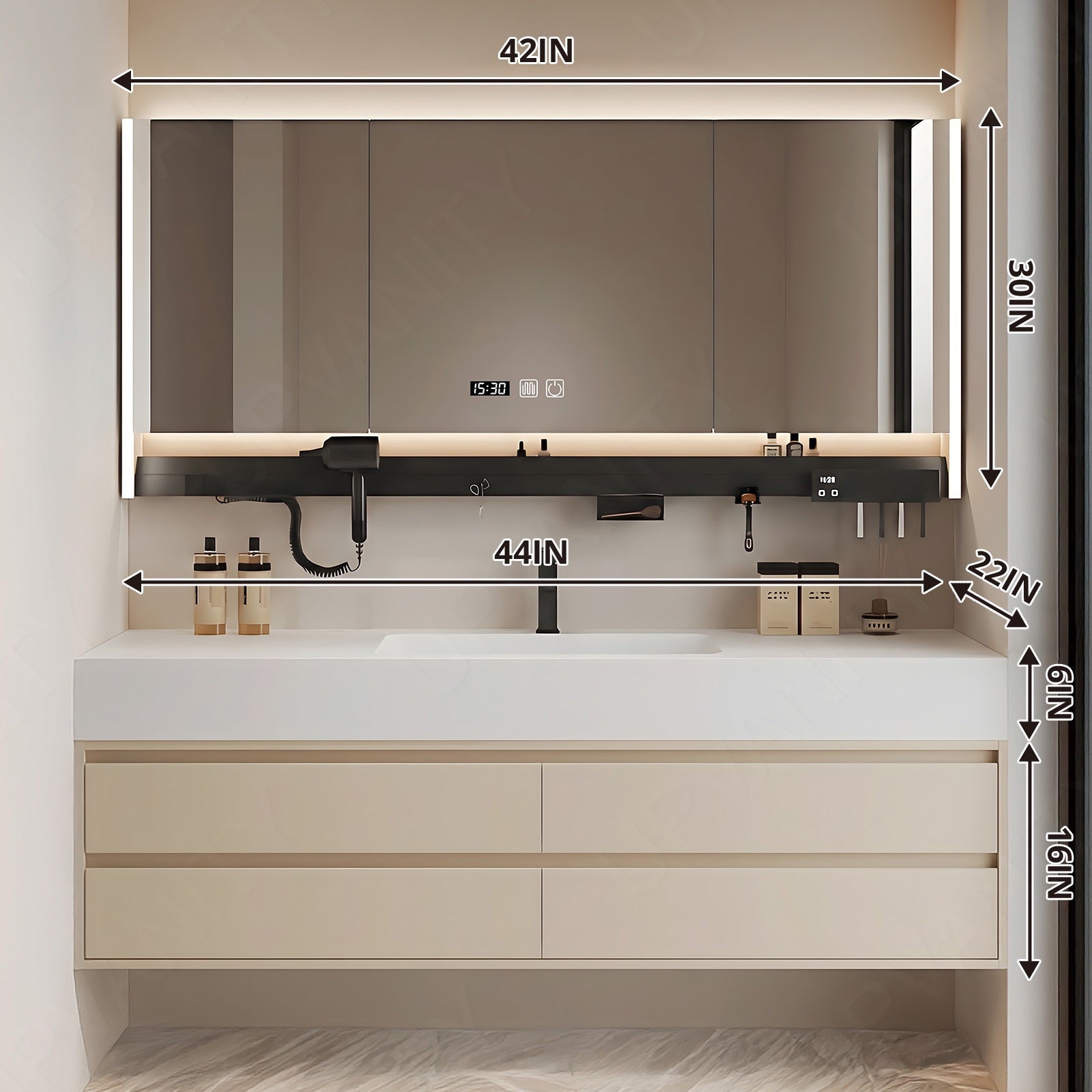 Modern Bath Vanity Set, Beige, White Slate Top, 40"- 72", Single, Floating, Smart LED Mirror, Rear Cabinet, Storage Rack