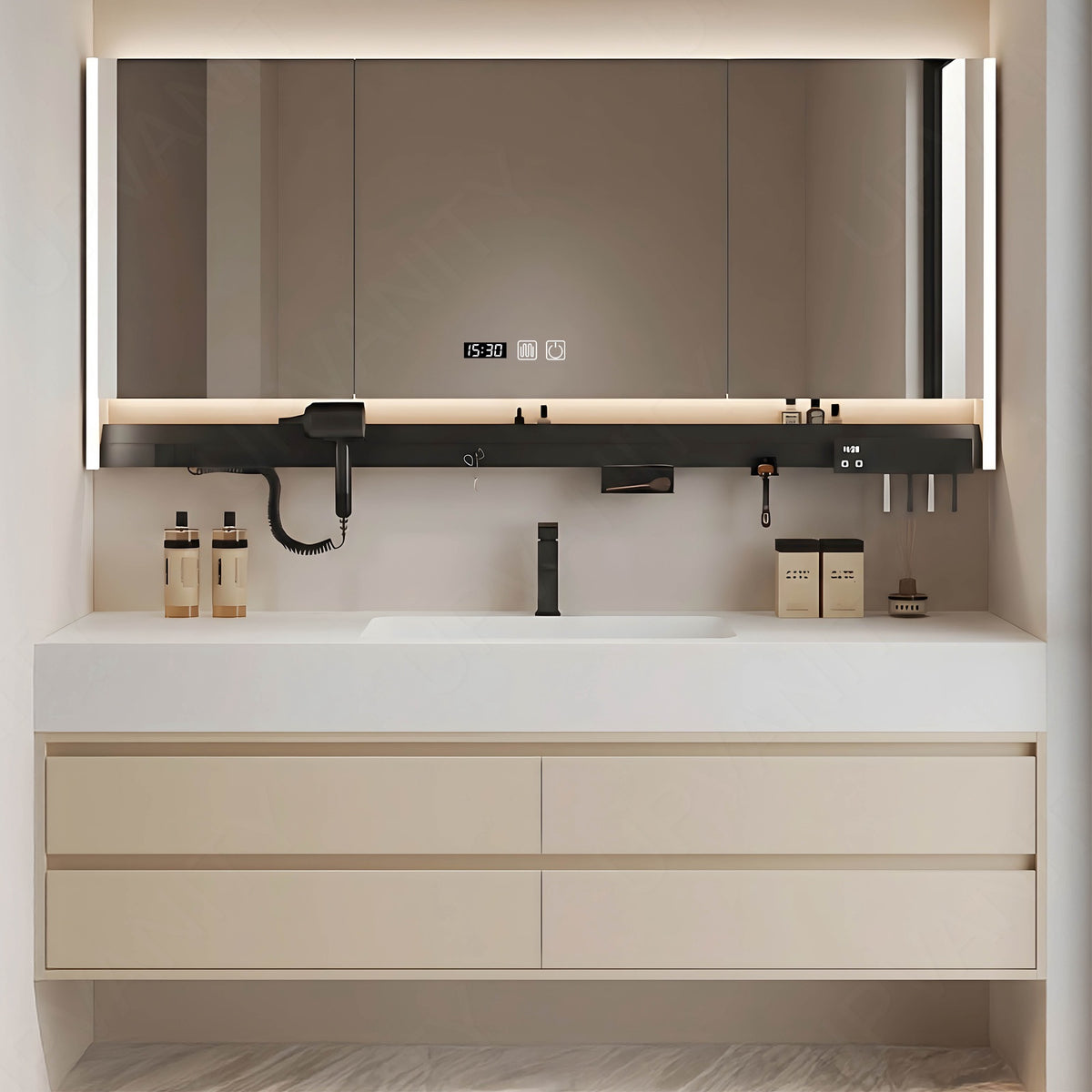 Modern Bath Vanity Set, Beige, White Slate Top, 40"- 72", Single, Floating, Smart LED Mirror, Rear Cabinet, Storage Rack