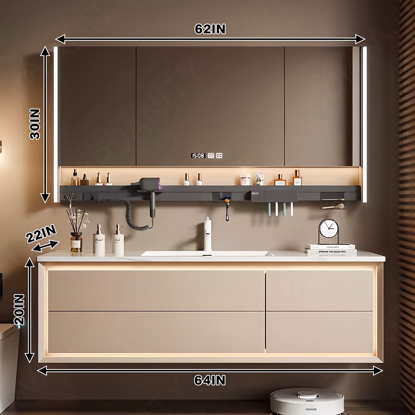 Modern Bath Vanity Set, Beige, White Slate Top, 44"- 64", Single, Floating, Smart LED Mirror, Rear Cabinet, Storage Rack