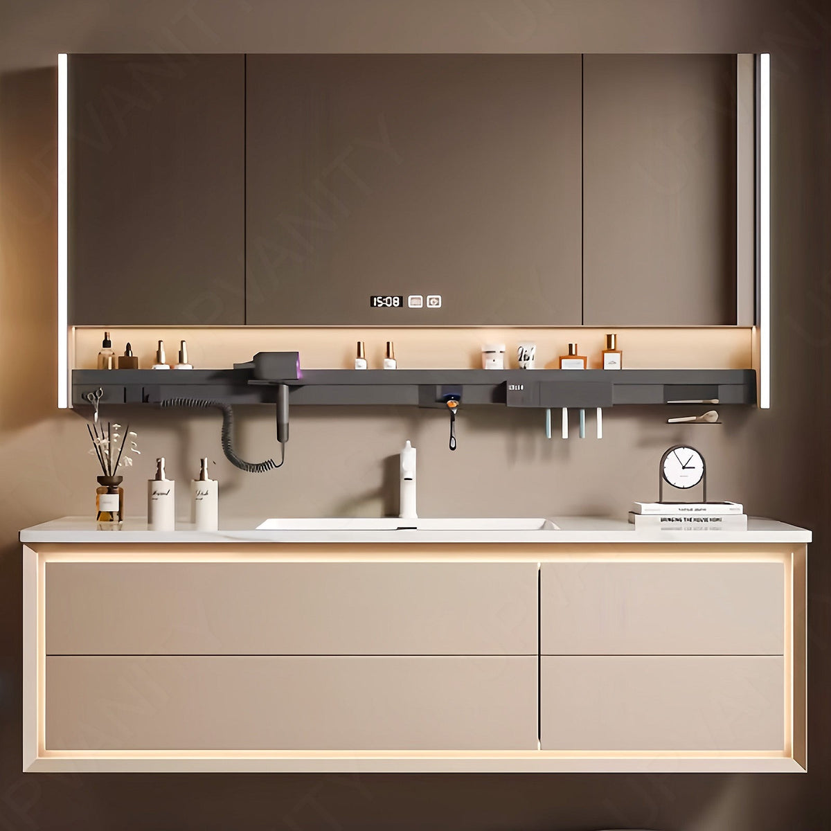Modern Bath Vanity Set, Beige, White Slate Top, 44"- 64", Single, Floating, Smart LED Mirror, Rear Cabinet, Storage Rack