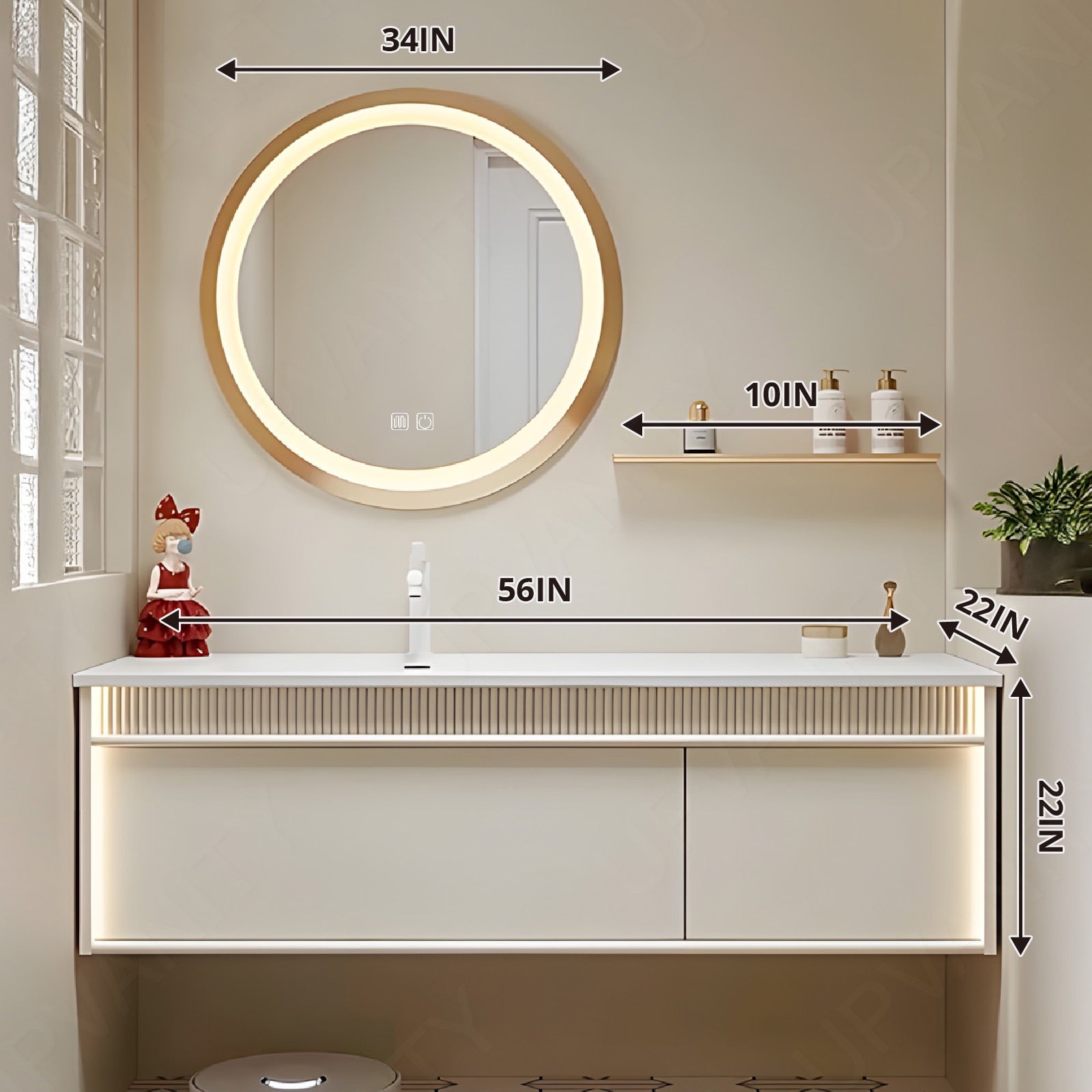 Modern Bath Vanity Set, Beige, White Slate Top, 44"-72", Single, Floating, Striped Panel, Round Smart LED Mirror, Sensor Light