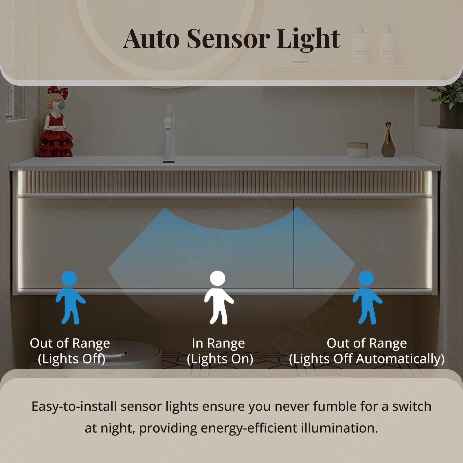 Modern Bath Vanity Set, Beige, White Slate Top, 44"-72", Single, Floating, Striped Panel, Round Smart LED Mirror, Sensor Light