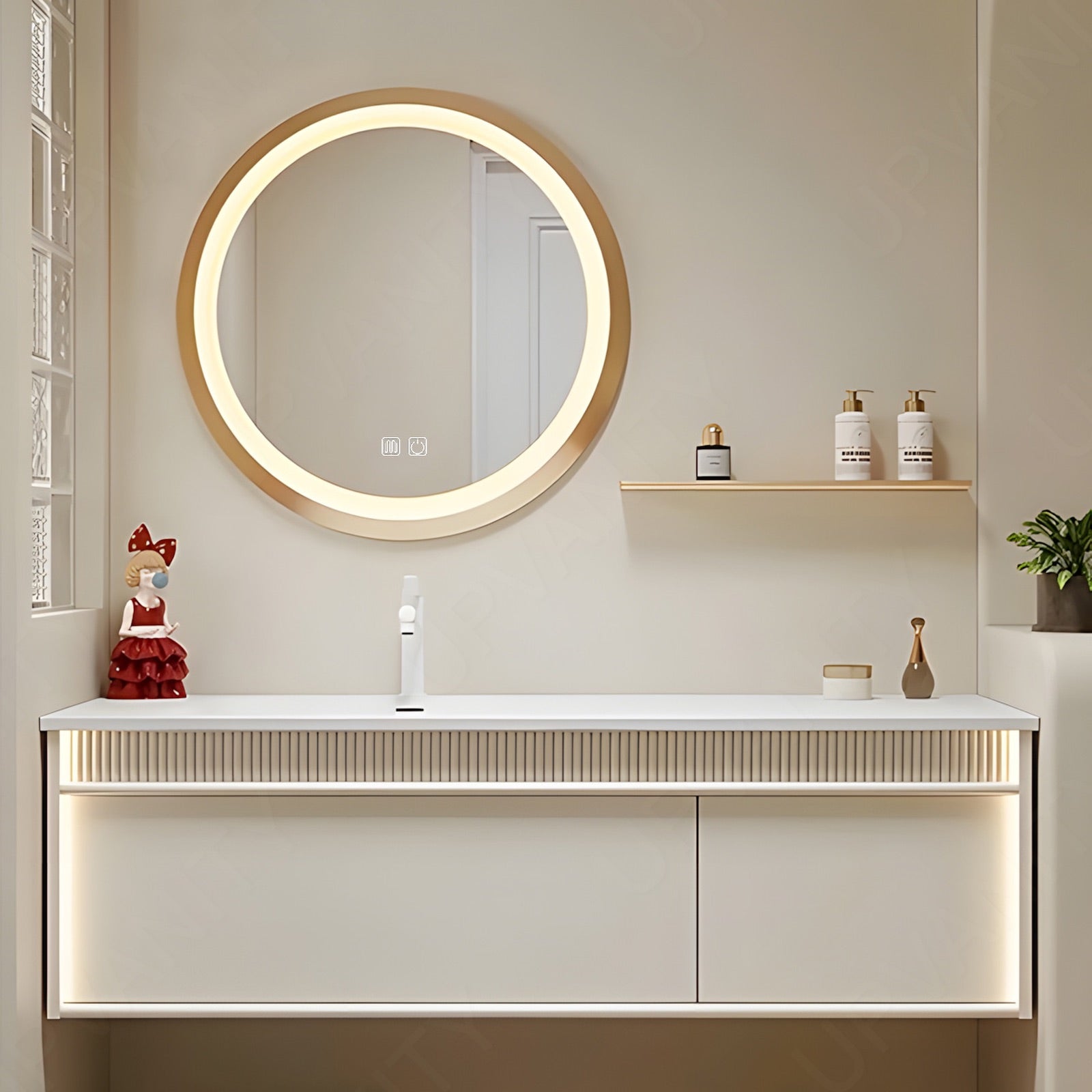 Modern Bath Vanity Set, Beige, White Slate Top, 44"-72", Single, Floating, Striped Panel, Round Smart LED Mirror, Sensor Light